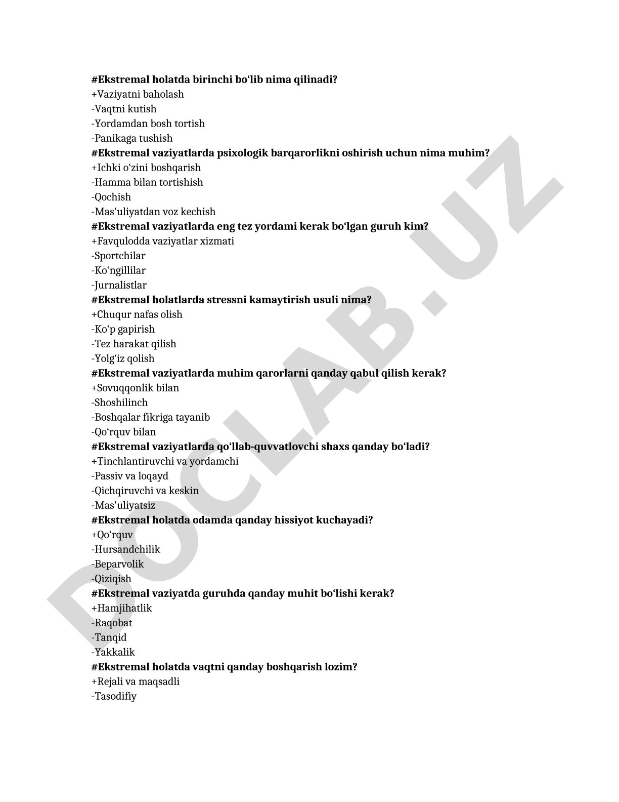 Ekstremal vaziyatlarda xatti-harakat va stress boshqaruvi bo'yicha test savollari