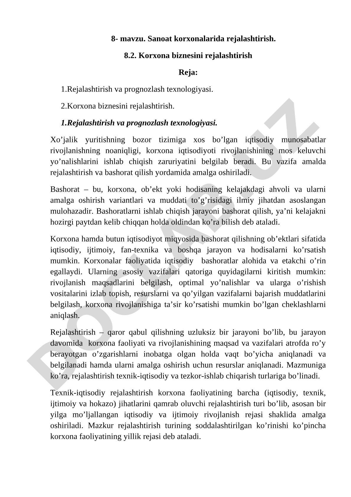 Korxona rejalashtirish va prognozlash texnologiyalari, biznes rejalashtirish