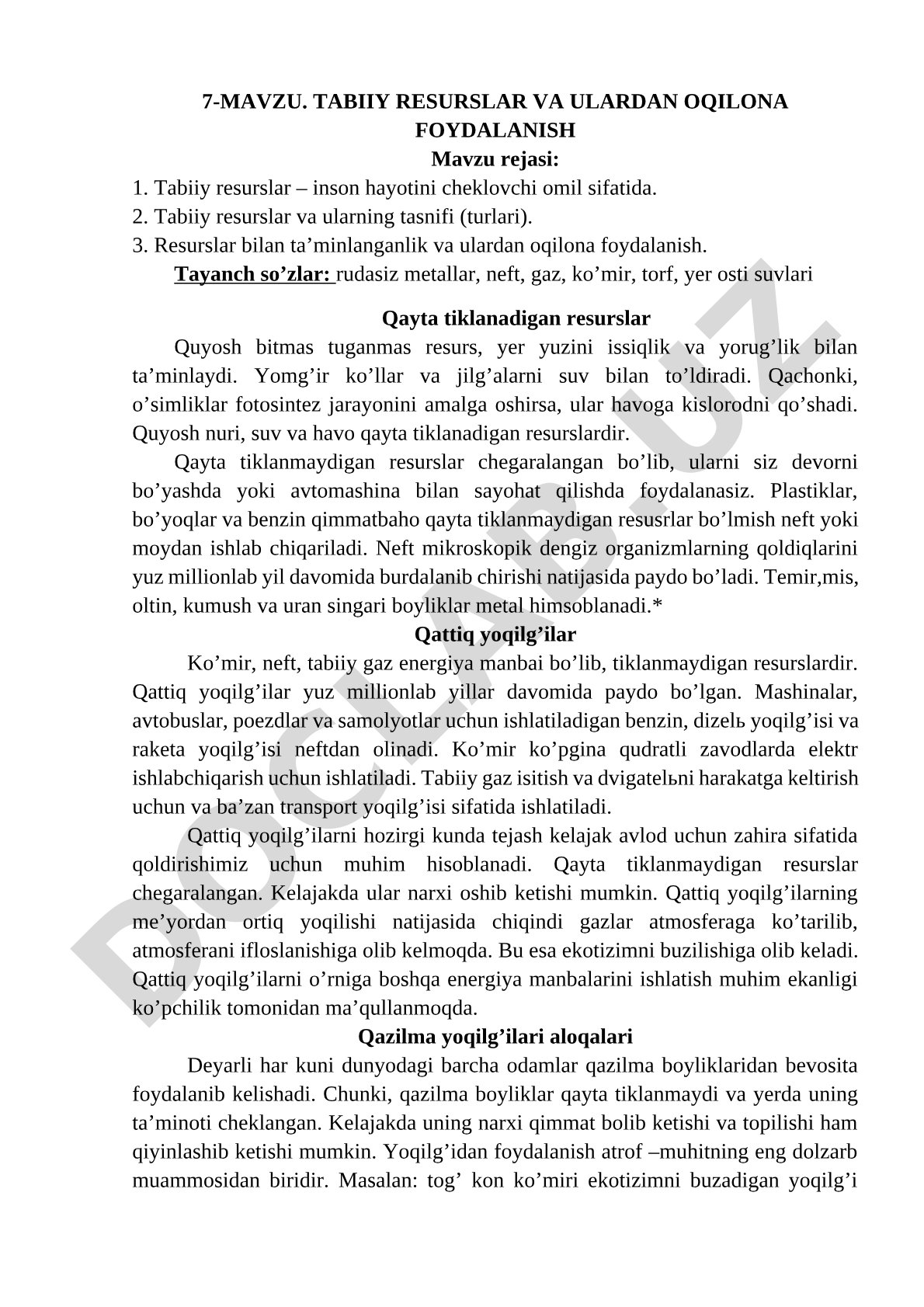 Tabiiy resurslar va ulardan oqilona foydalanish