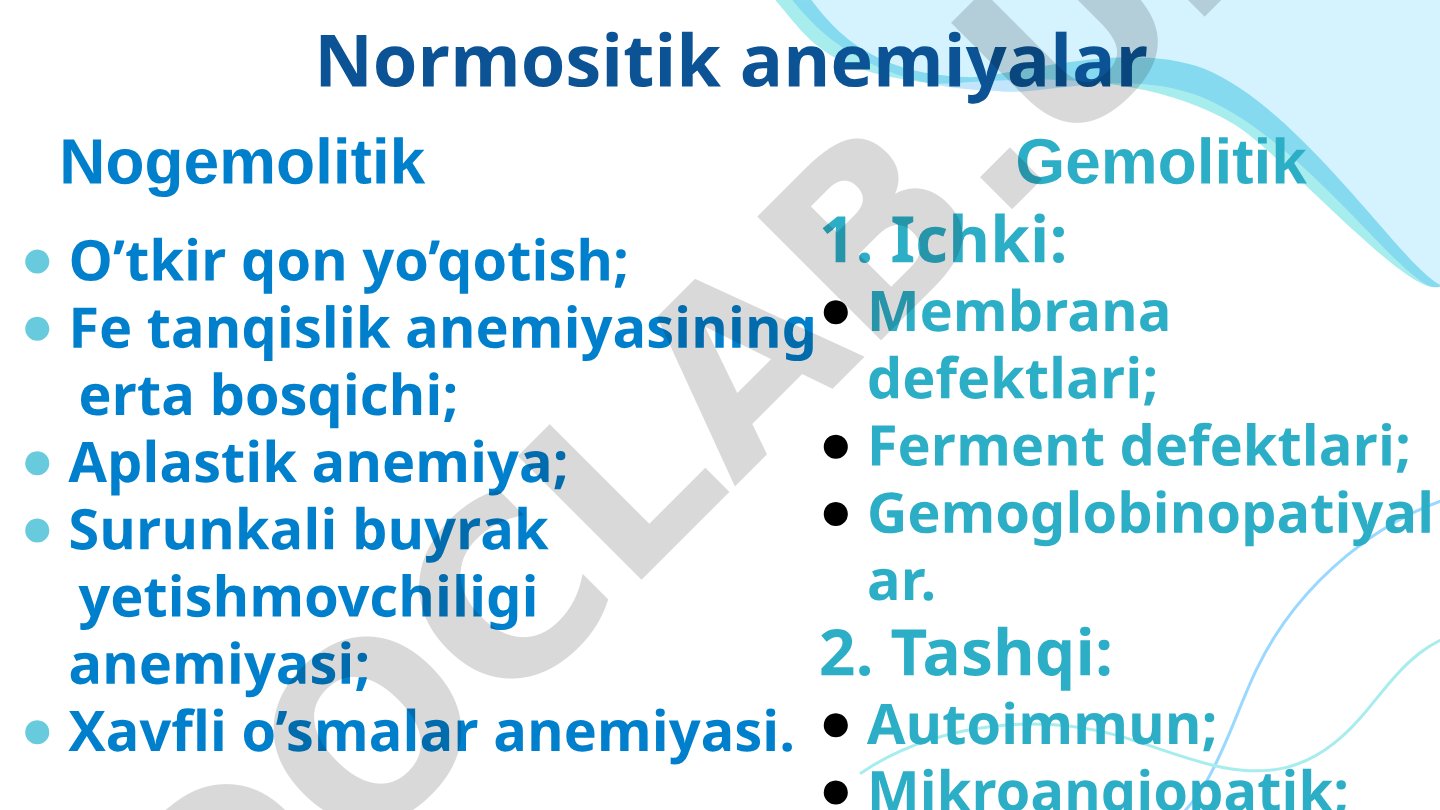 Normositik anemiyalar turlari va gemolitik anemiyalar klassifikatsiyasi