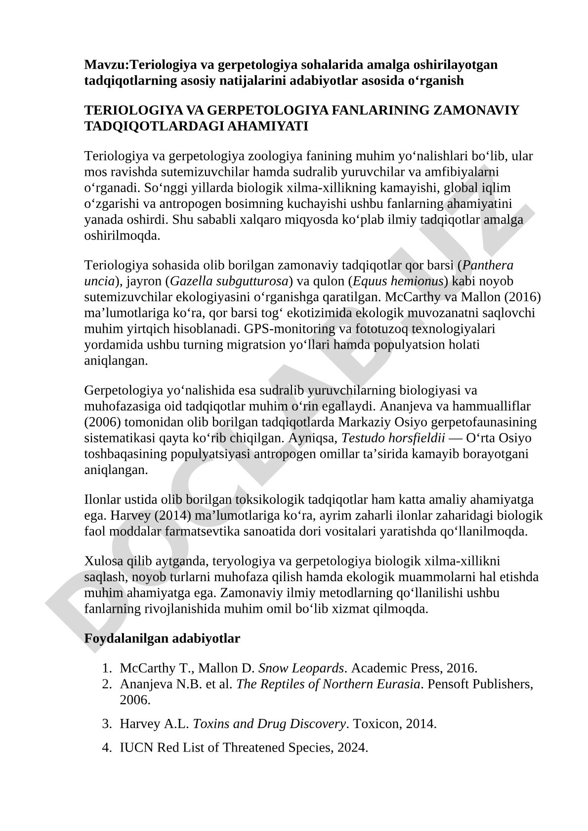 Teriologiya va gerpetologiya fanlarining zamonaviy tadqiqotlardagi ahamiyati