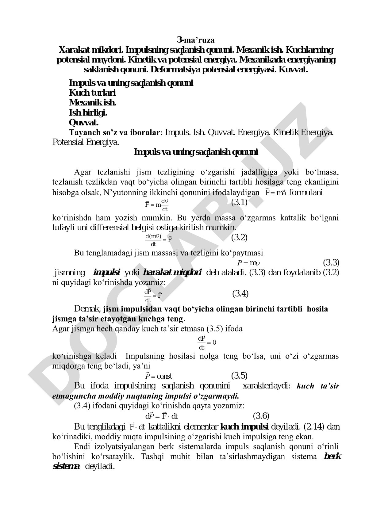 Xarakat mikdori. Impulsning saqlanish qonuni. Mexanik ish.