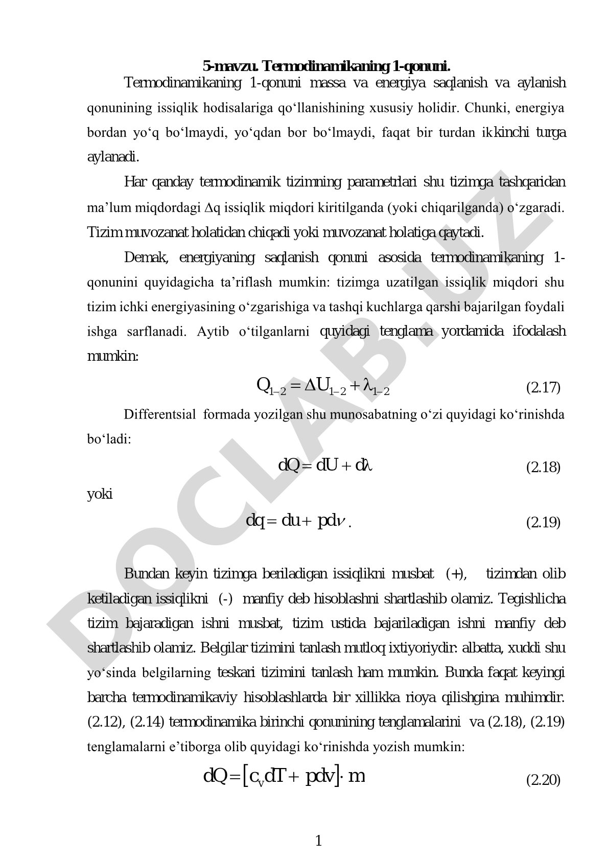 Termodinamikaning 1-qonuni, issiqlik, ichki energiya va ish haqida
