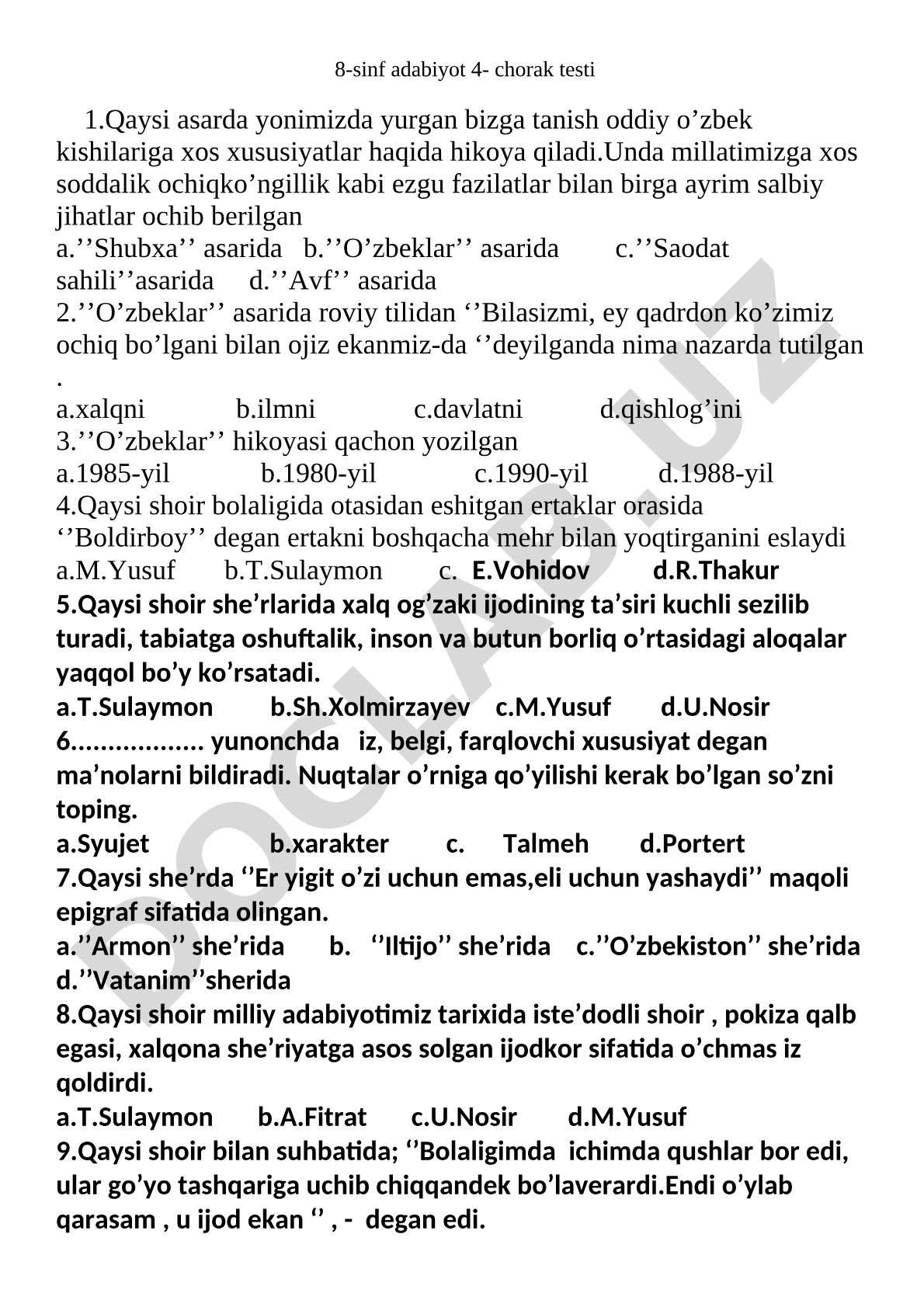 8-sinf adabiyot 4-chorak testi