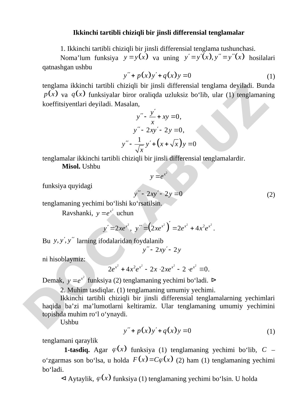 Ikkinchi tartibli chiziqli bir jinsli differensial tenglamalar
