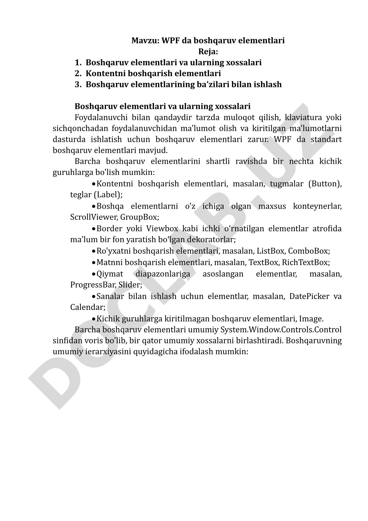 WPF da boshqaruv elementlari Reja: 1