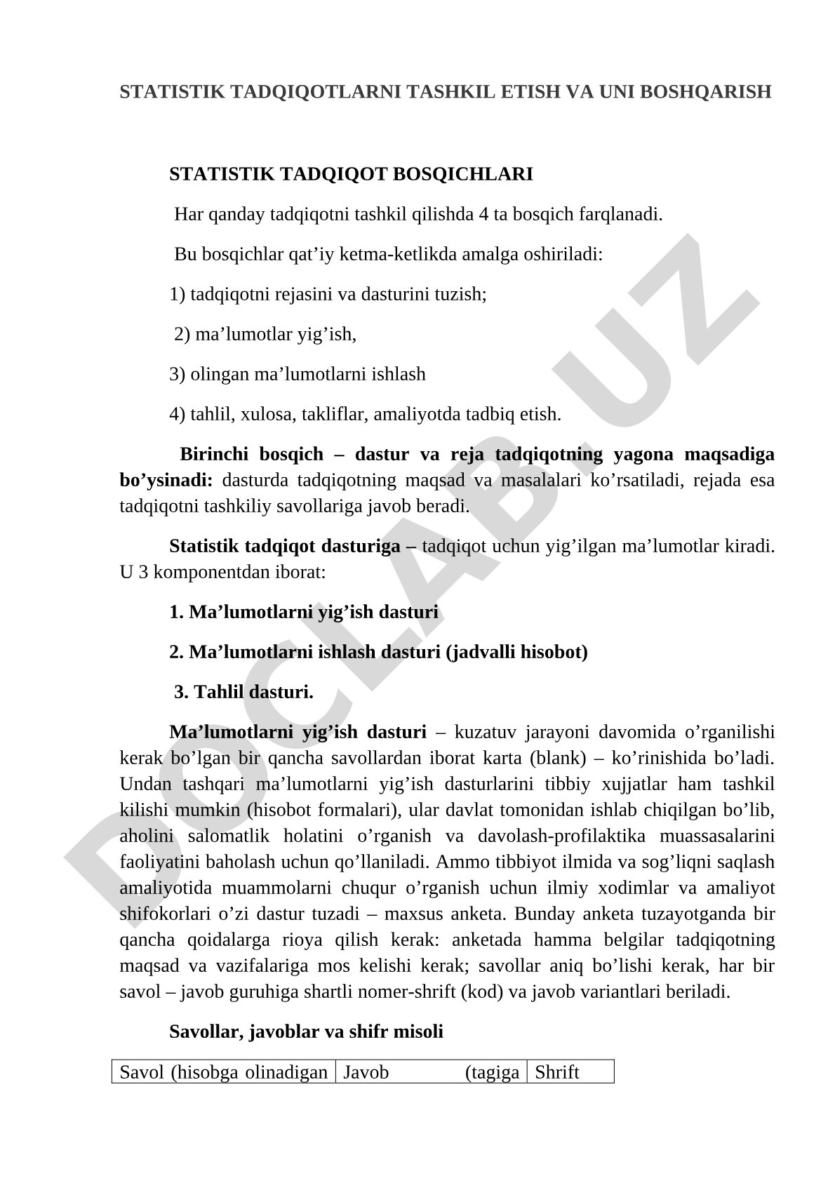 Statistik tadqiqot bosqichlari va dasturi