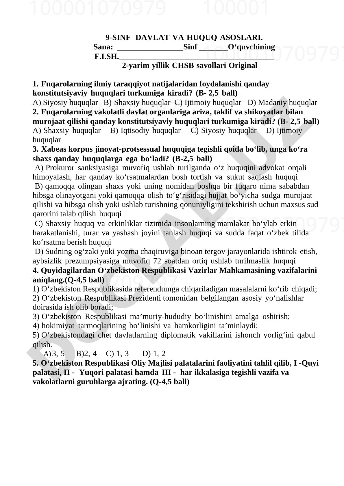 9-sinf Davlat va huquq asoslari CHSB savollari