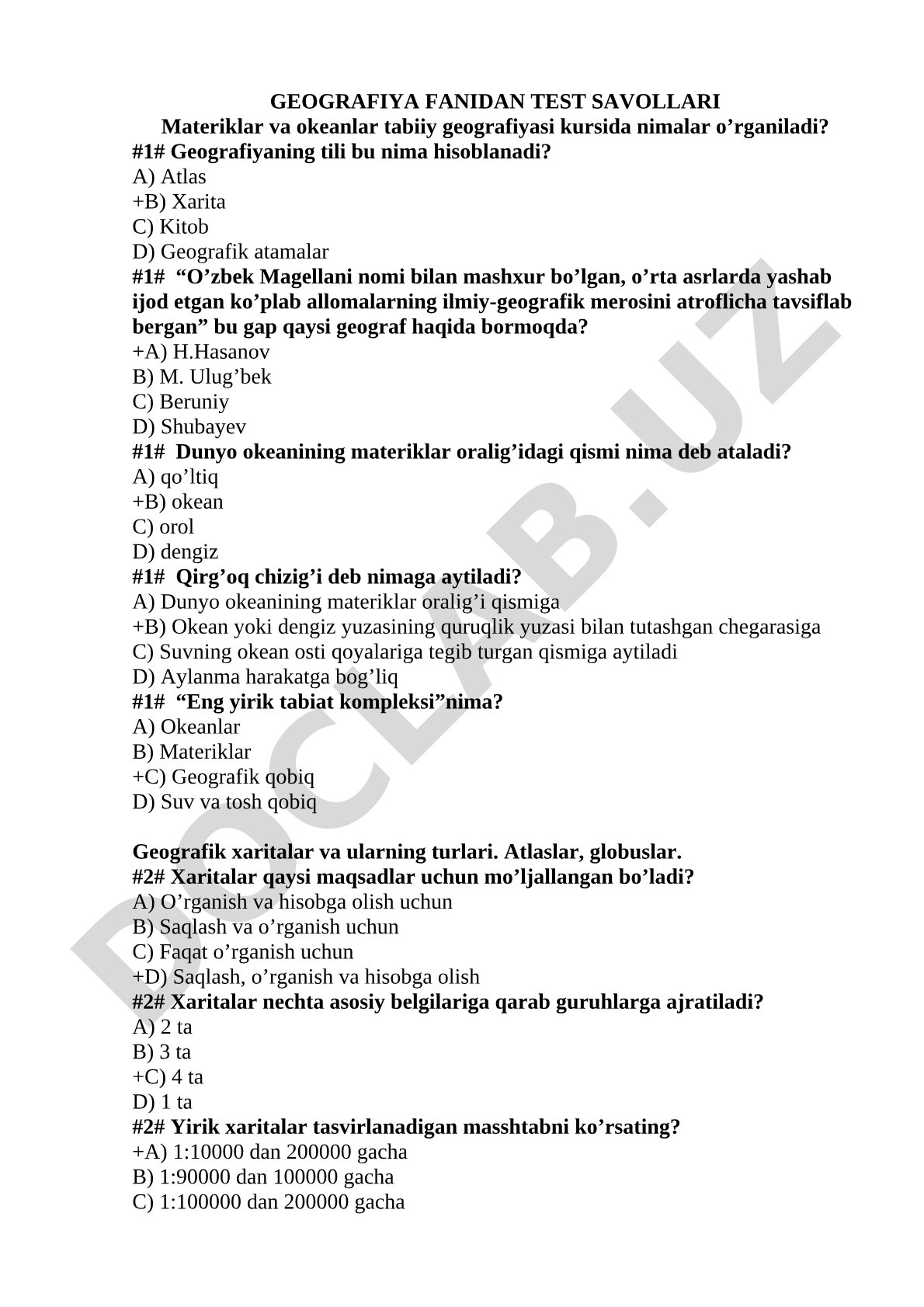 Geografiya fanidan test savollari