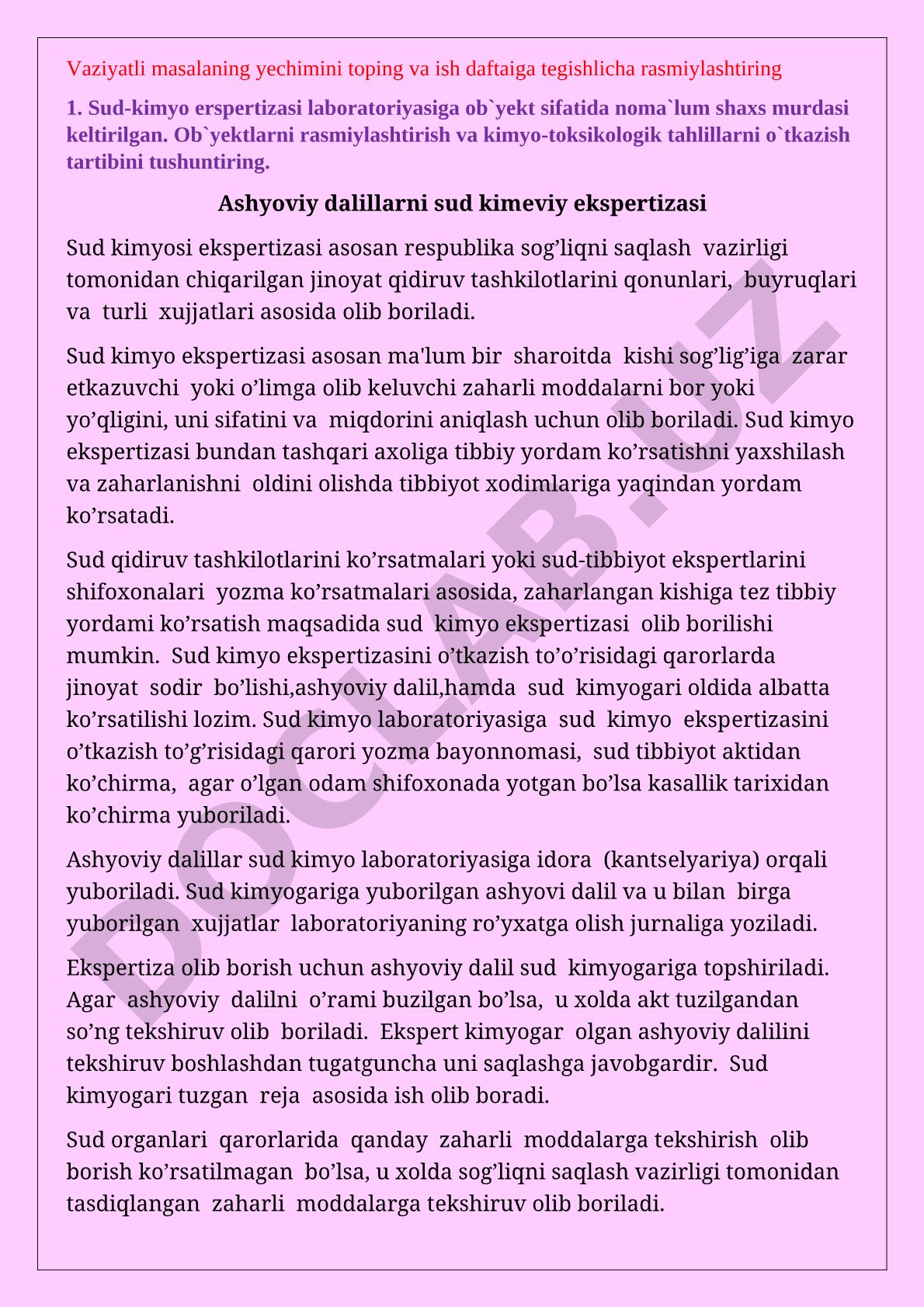 Sud-kimyo ekspertizasi laboratoriyasiga noma'lum shaxs murdasini qabul qilish va tahlil qilish tartibi
