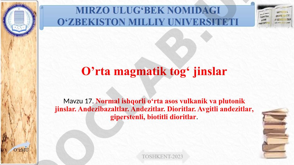 O'rta magmatik tog' jinslar: Normal ishqorli o'rta asos vulkanik va plutonik jinslar
