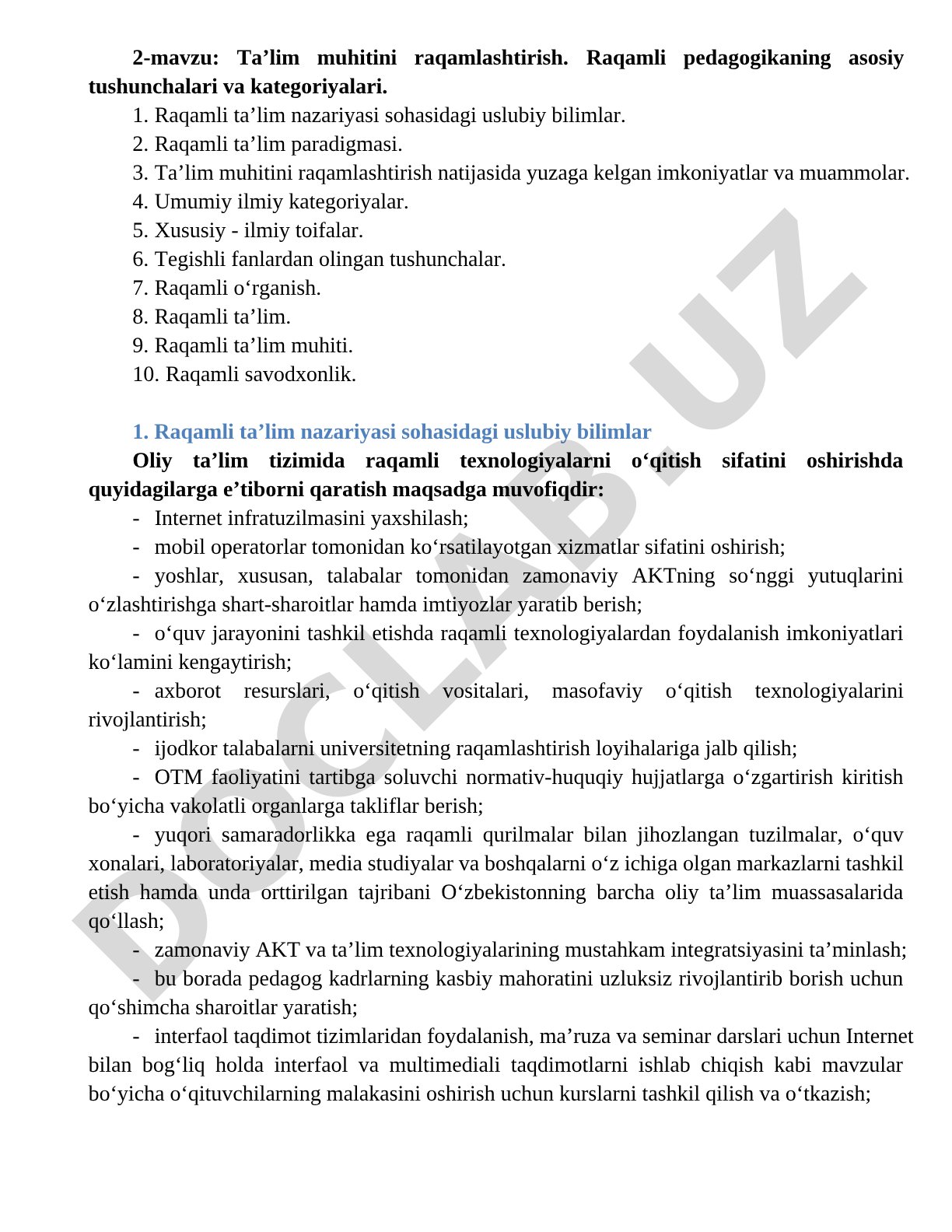Ta’lim muhitini raqamlashtirish. Raqamli pedagogikaning asosiy tushunchalari va kategoriyalari