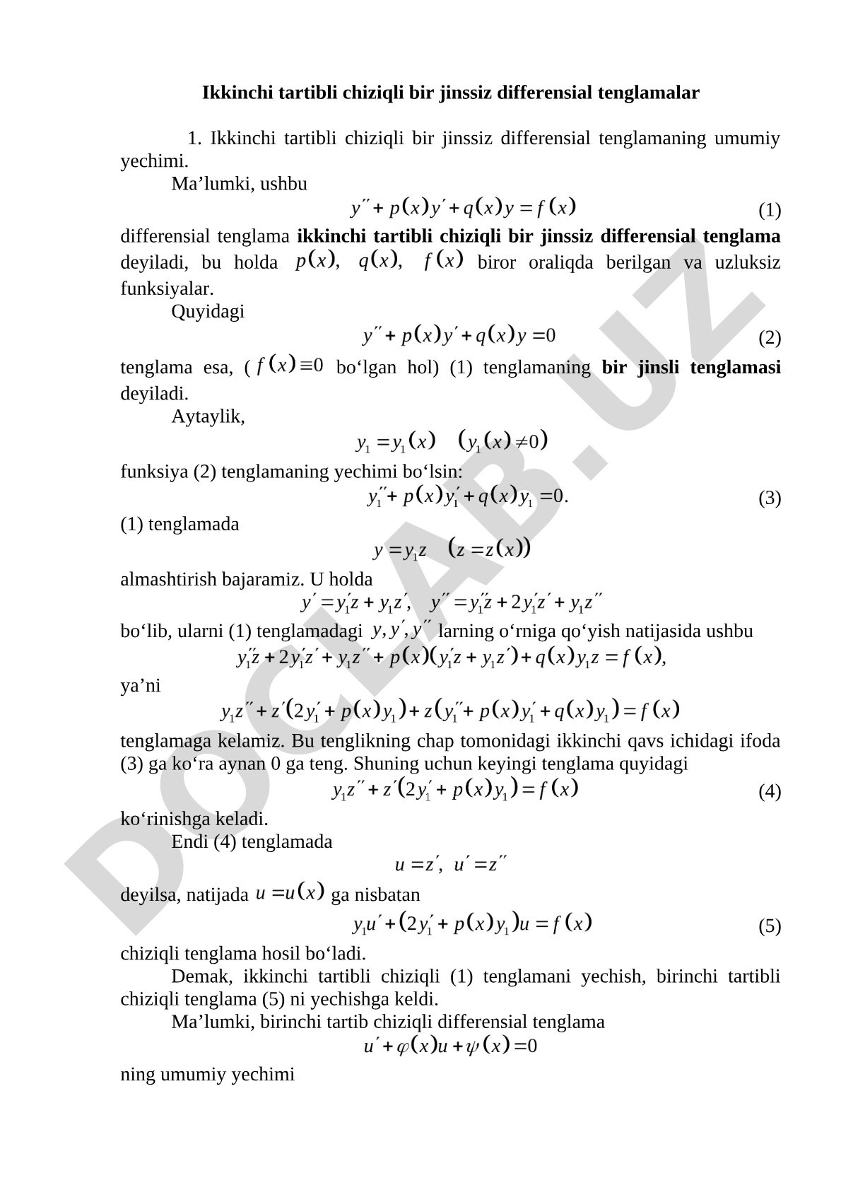 Ikkinchi tartibli chiziqli bir jinssiz differensial tenglamalar