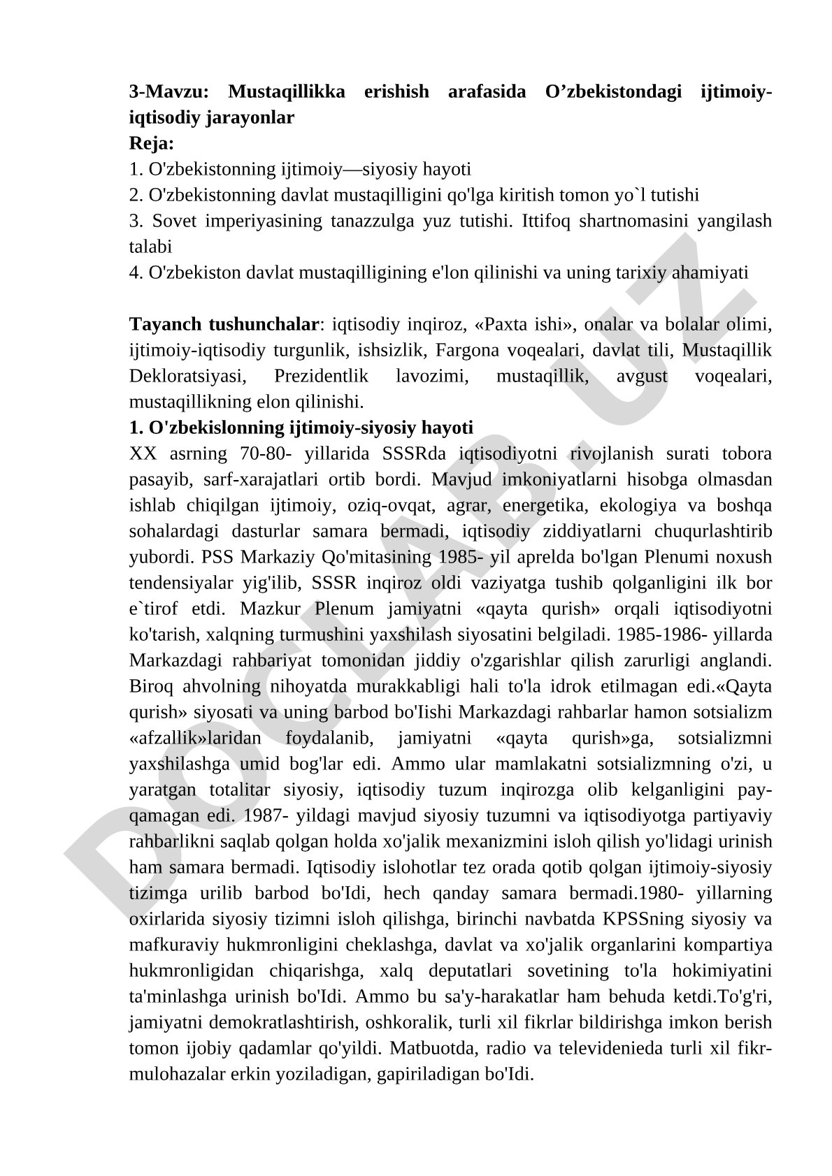 Mustaqillikka erishish arafasida O’zbekistondagi ijtimoiy-iqtisodiy jarayonlar