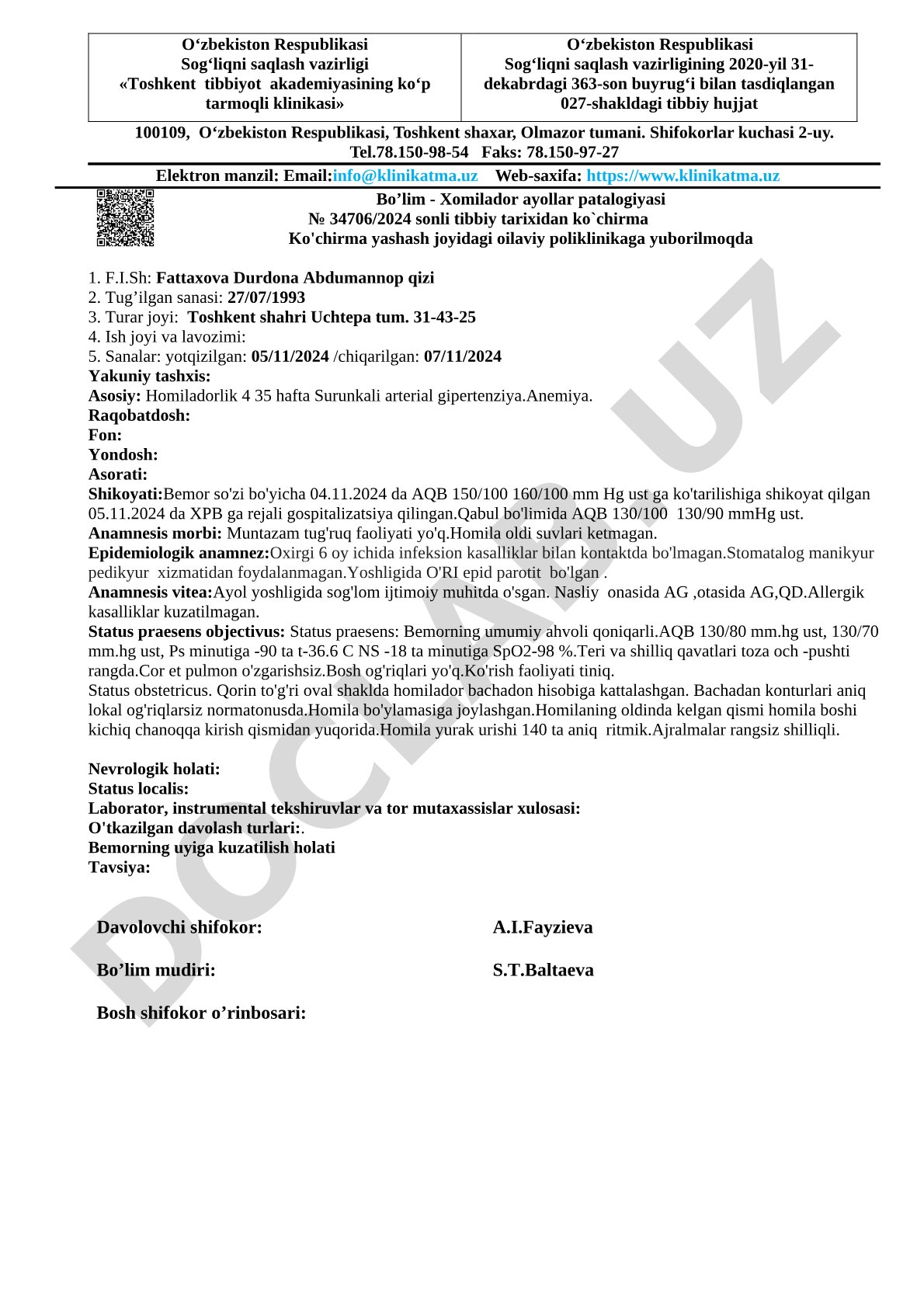 Homiladorlik 35 hafta, surunkali arterial gipertenziya va anemiya
