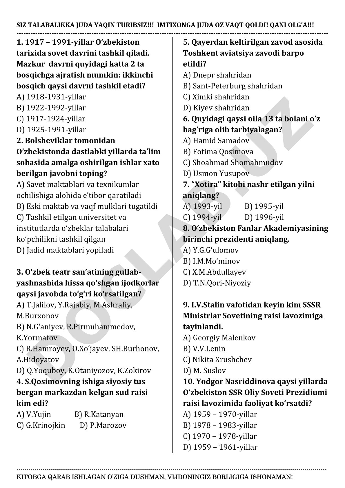 O'zbekiston tarixida sovet davri test savollari