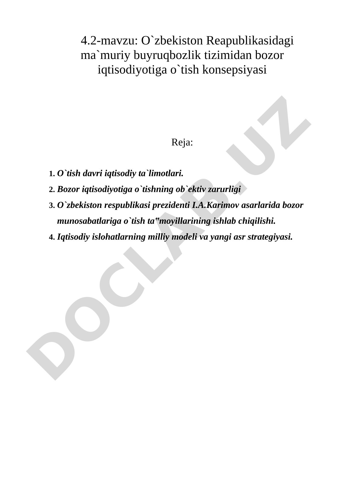O`zbekiston Respublikasidagi ma`muriy buyruqbozlik tizimidan bozor iqtisodiyotiga o`tish konsepsiyasi