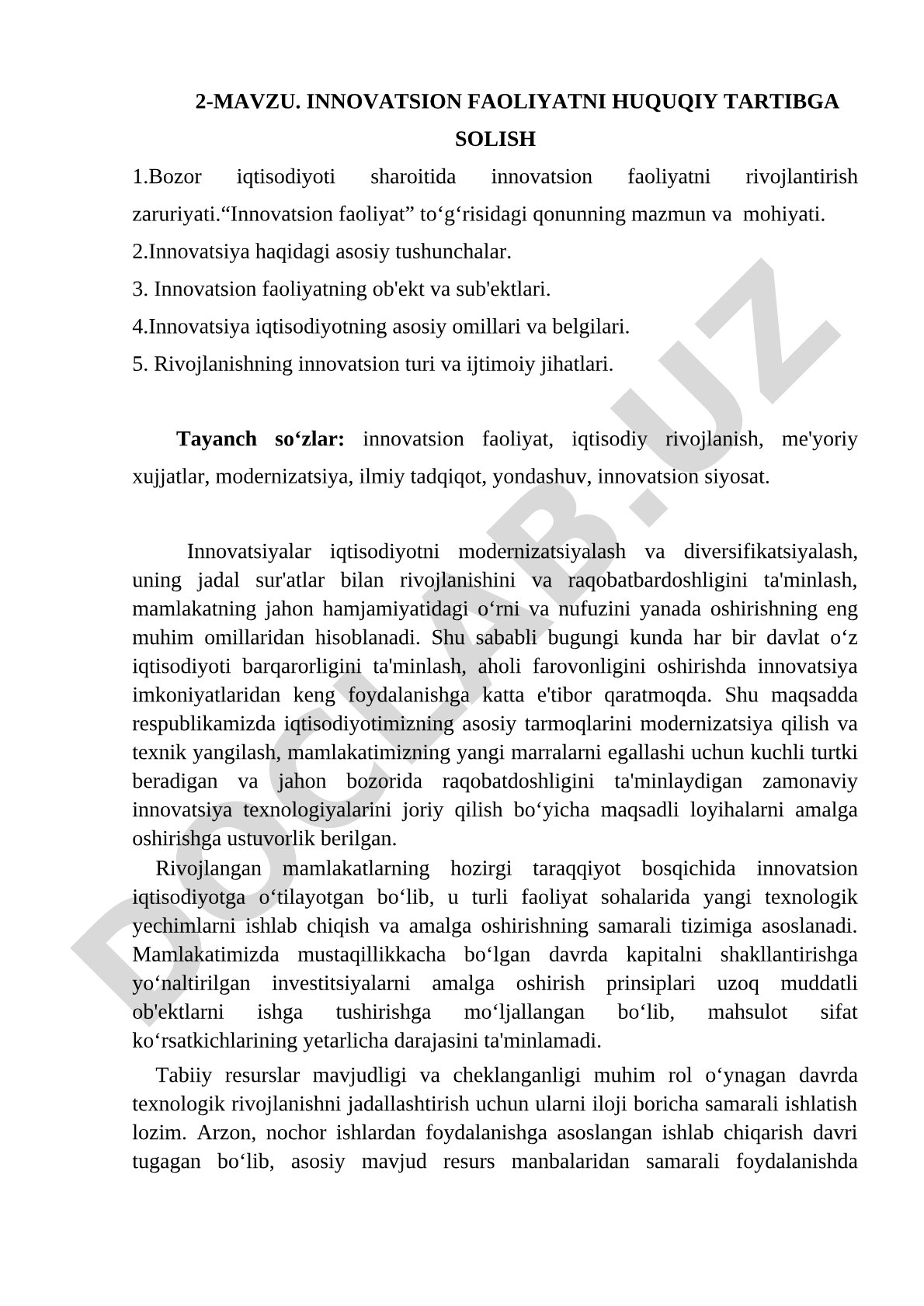 INNOVATSION FAOLIYATNI HUQUQIY TARTIBGA SOLISH