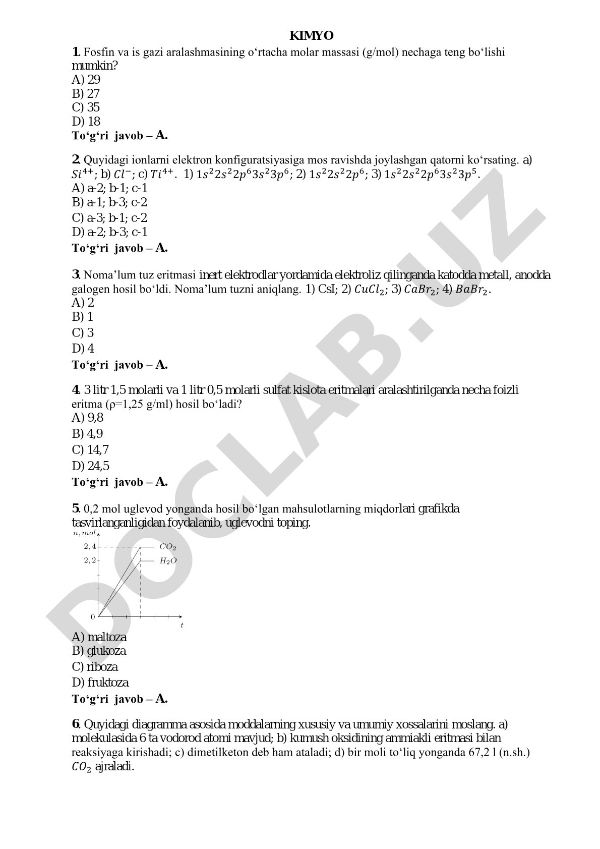 Kimyo fanidan test savollari va javoblari