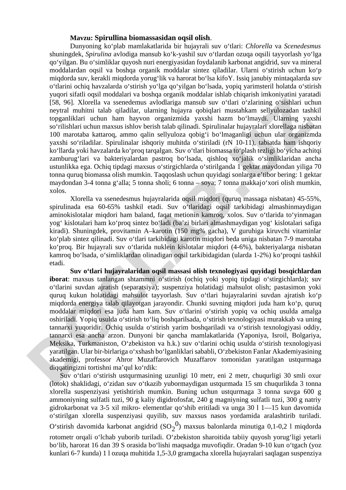 Spirullina biomassasidan oqsil olish