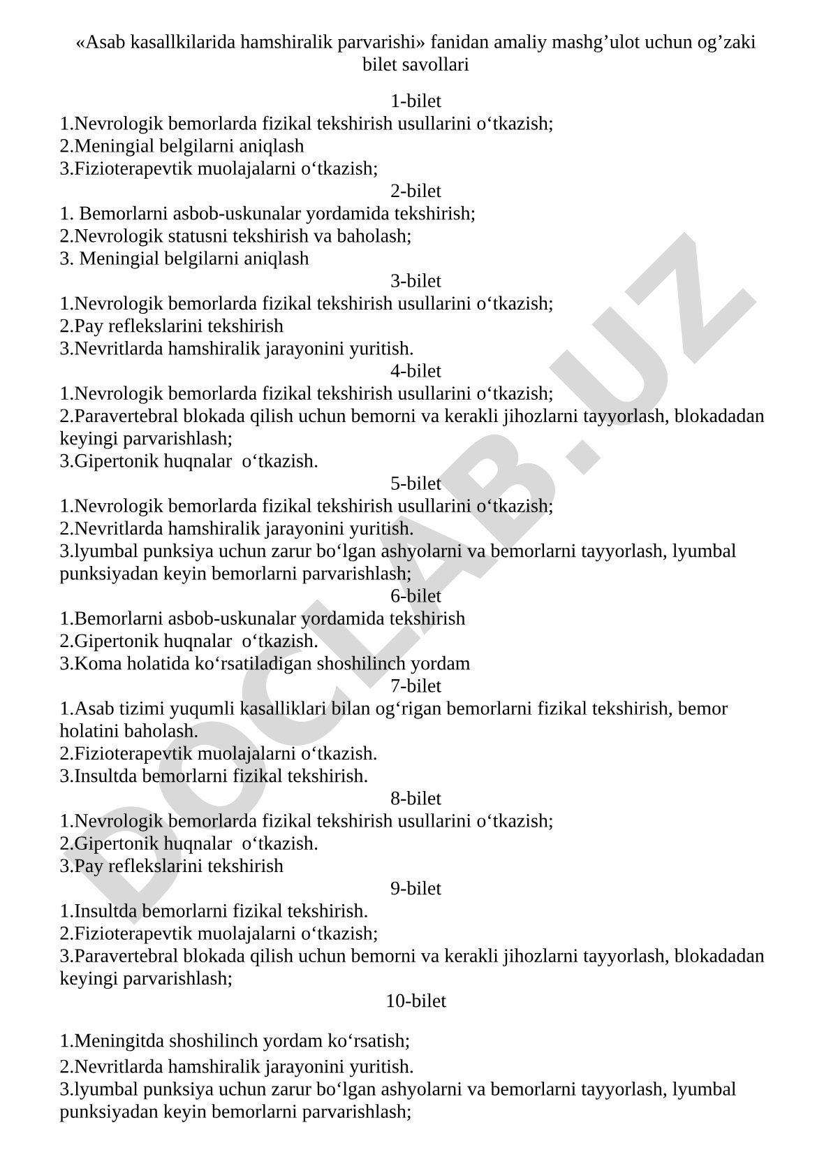 Asab kasalliklarida hamshiralik parvarishi fanidan amaliy mashg'ulot uchun og'zaki bilet savollari