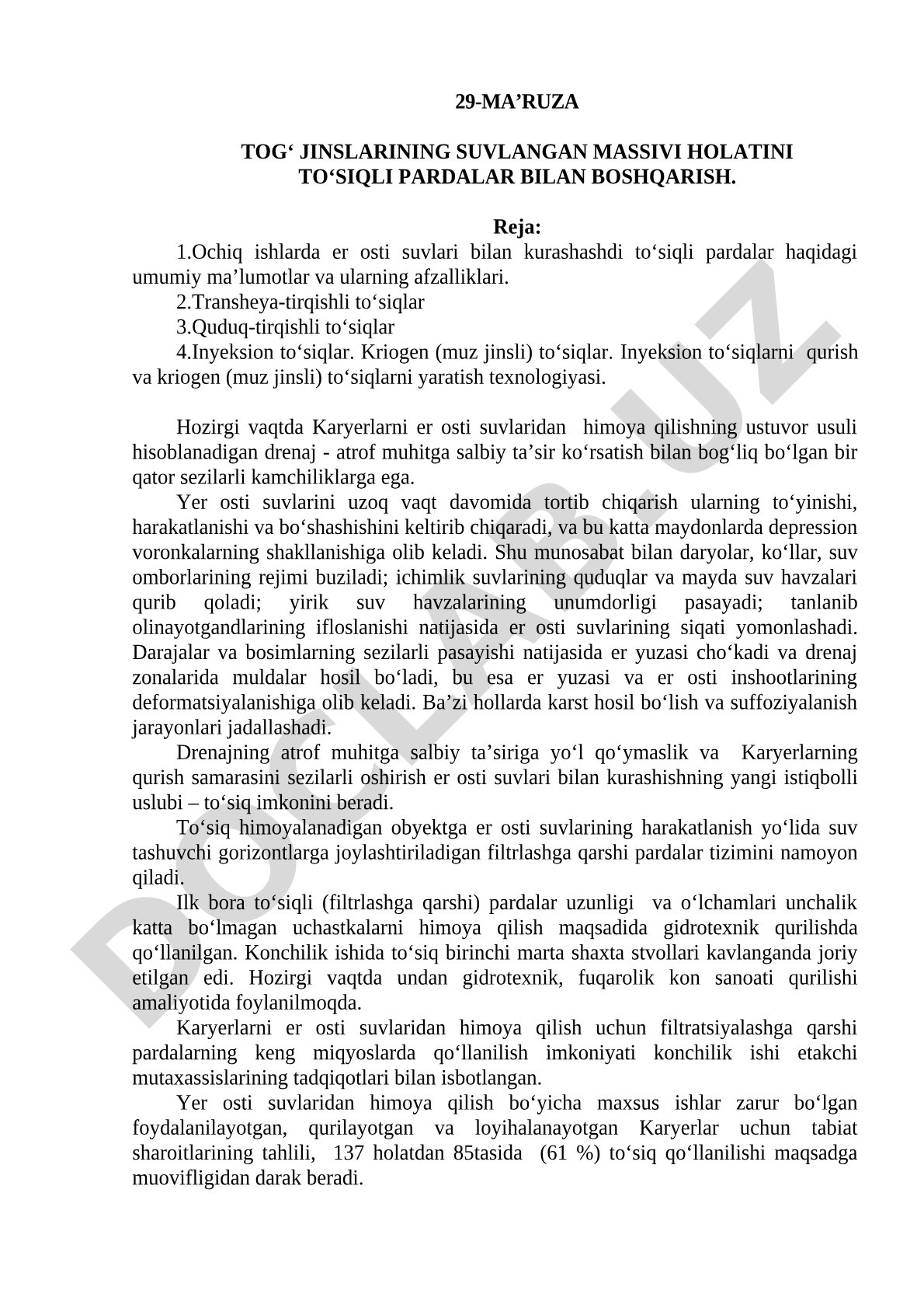 Tog‘ jinslarining suvlangan massivi holatini to‘siqli pardalar bilan boshqarish