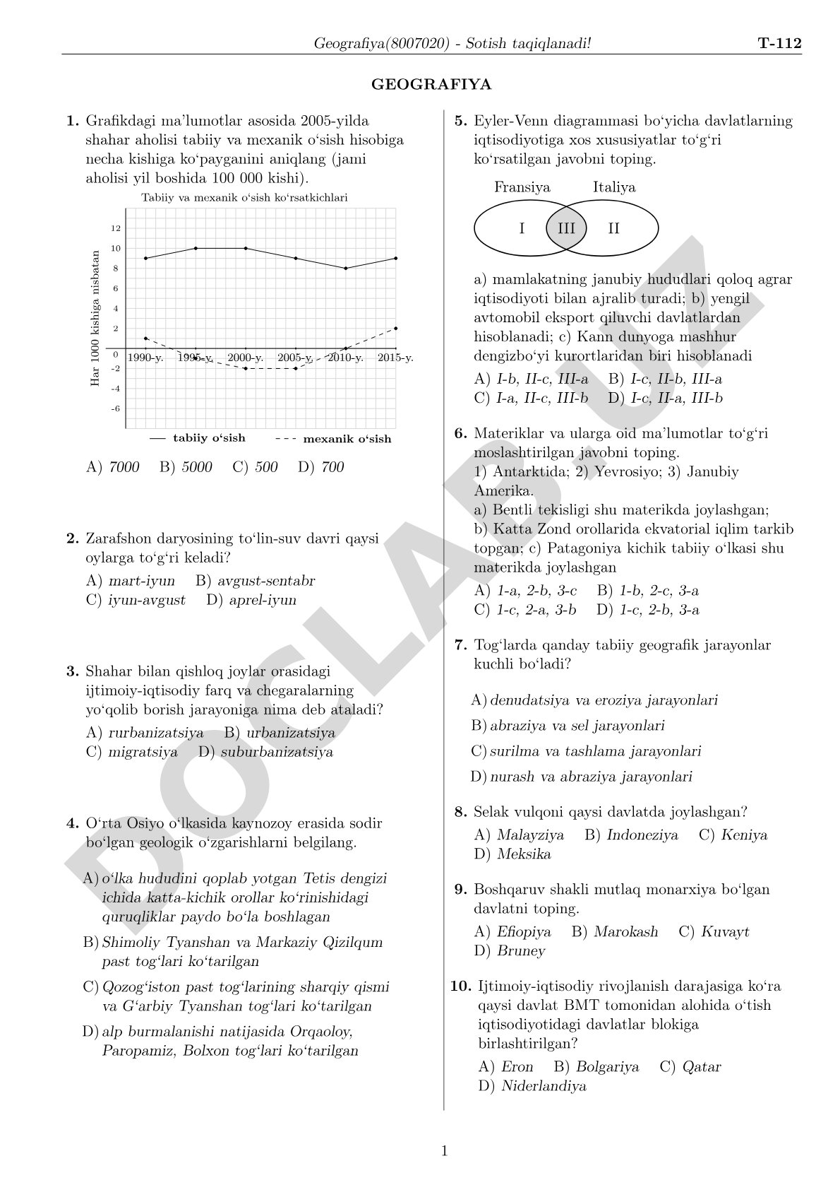 Geografiya test savollari