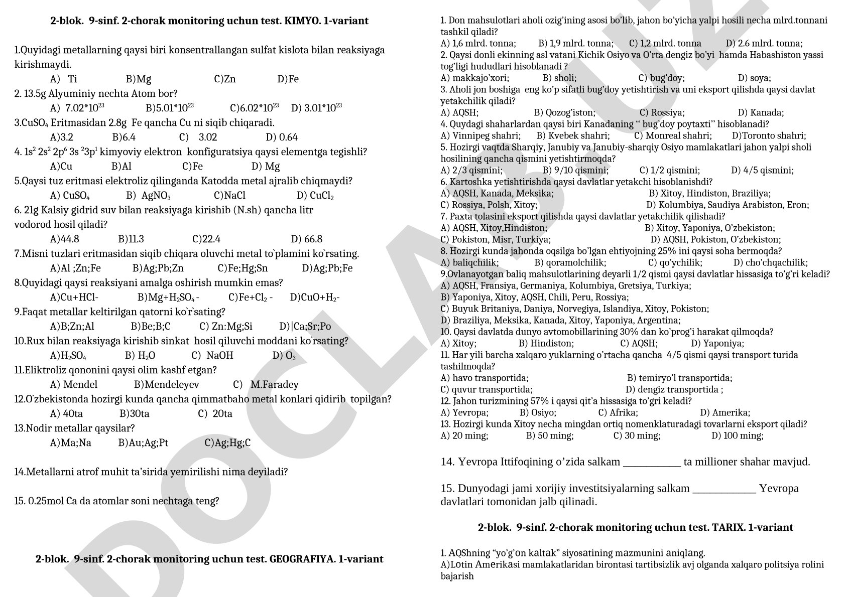 9-sinf kimyo 2-chorak monitoring testi 1-variant