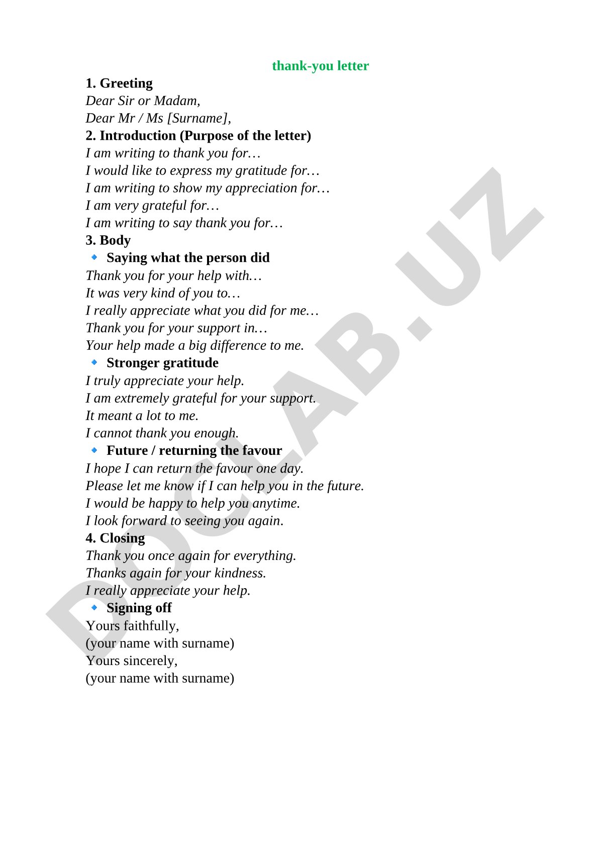 Useful phrases and structure for writing thank-you letters