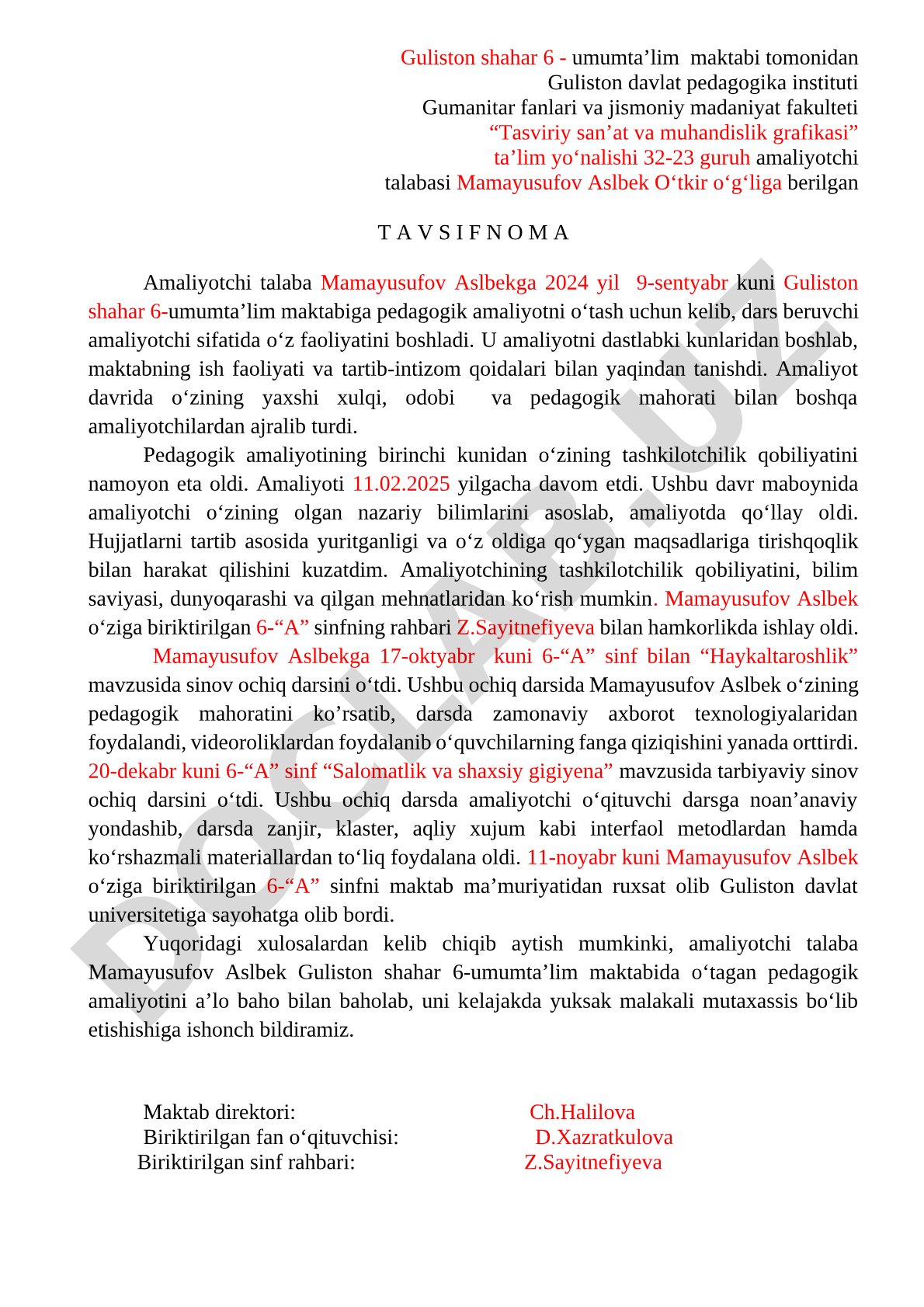 Mamayusufov Aslbekning pedagogik amaliyoti tavsifi