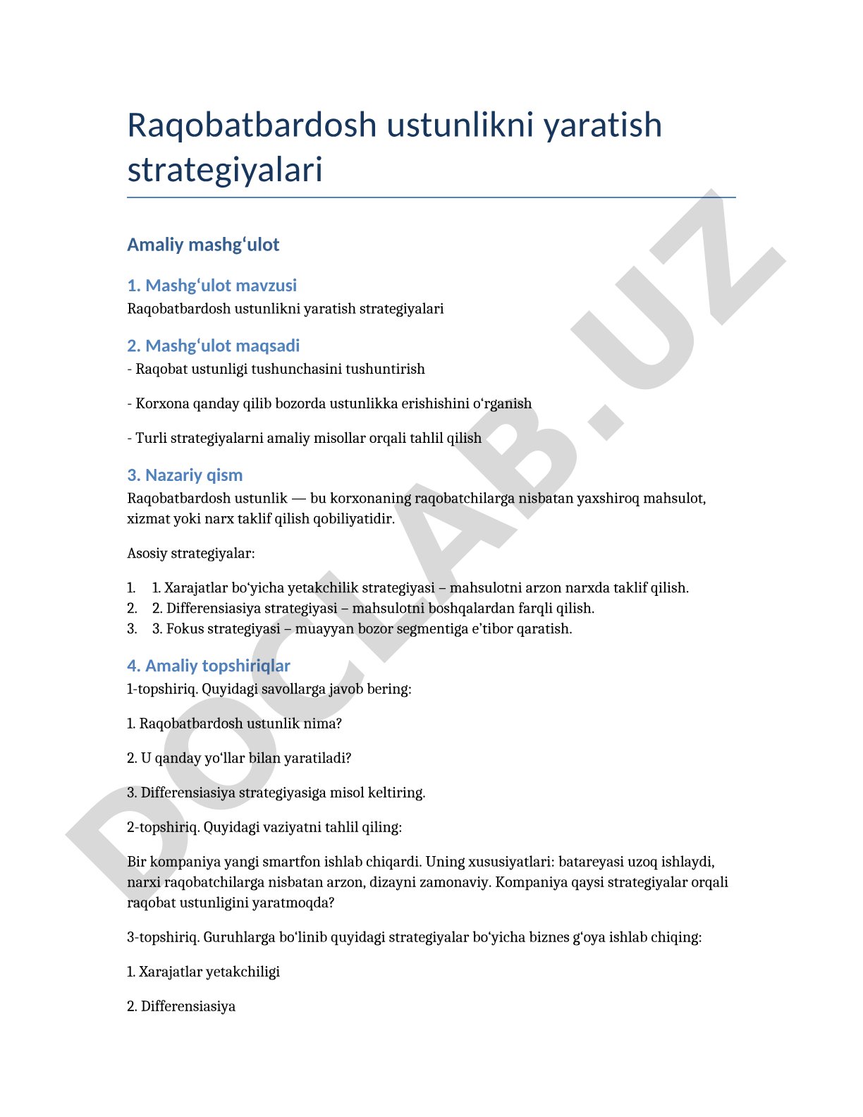 Raqobatbardosh ustunlikni yaratish strategiyalari
