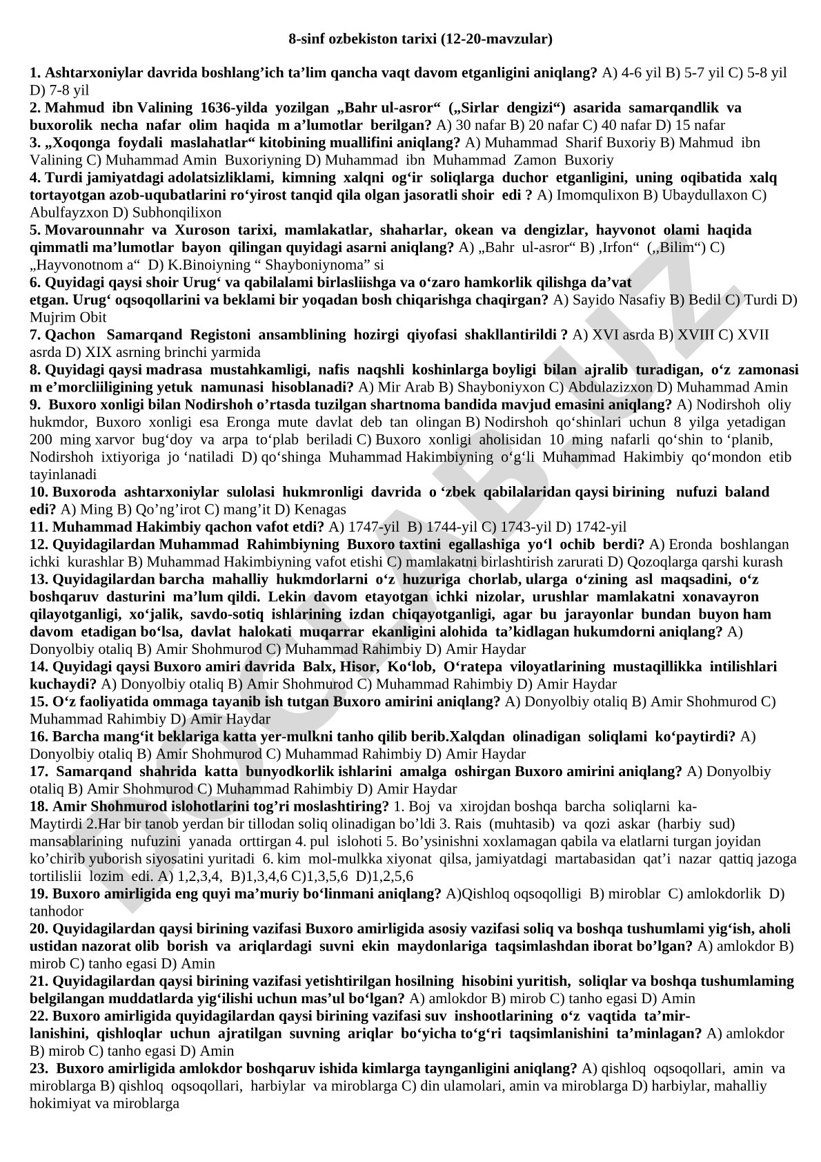 8-sinf O'zbekiston tarixi 12-20-mavzular test savollari