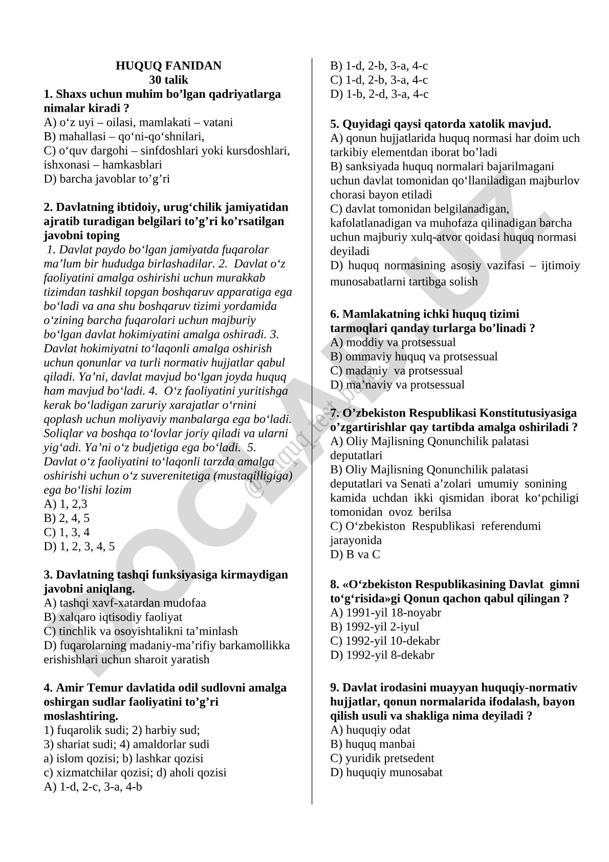 Huquq fanidan 30 talik test savollari