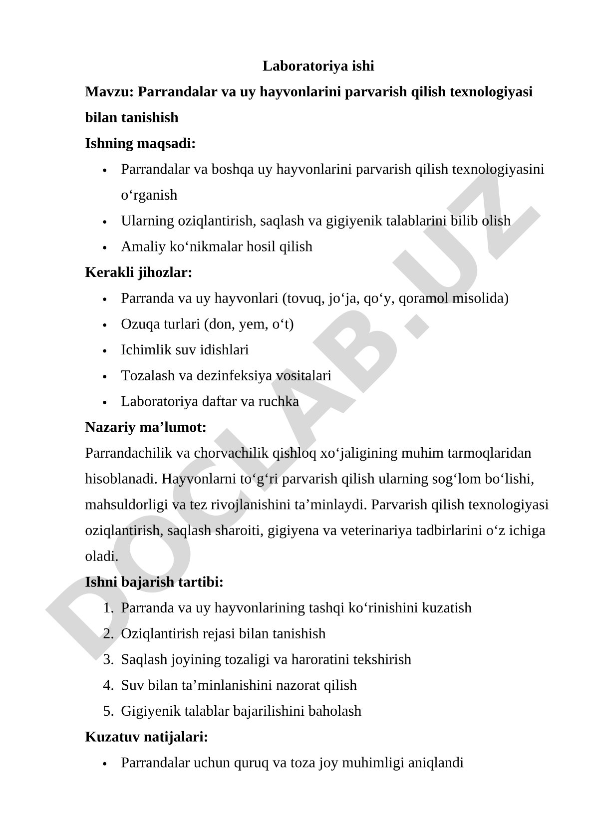 Parrandalar va uy hayvonlarini parvarish qilish texnologiyasi bilan tanishish