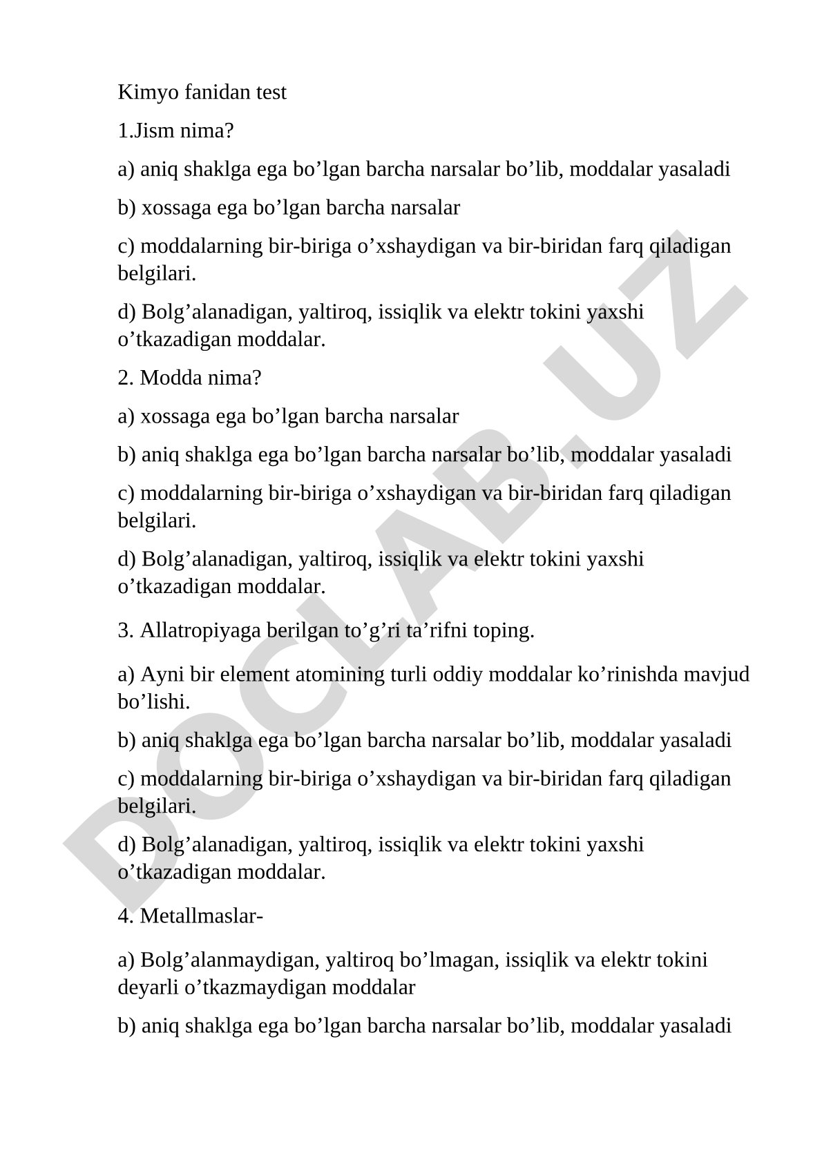 Kimyo fanidan test savollari
