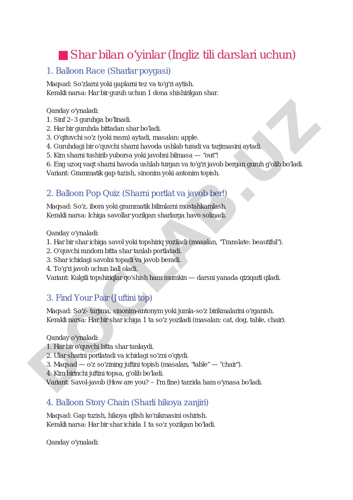 Shar bilan o‘yinlar (Ingliz tili darslari uchun)