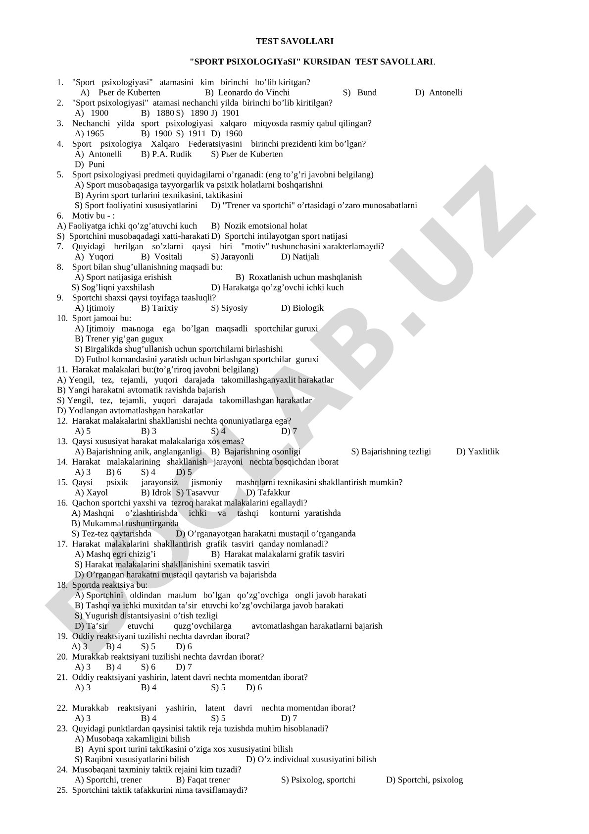 Sport psixologiyasi fanidan test savollari