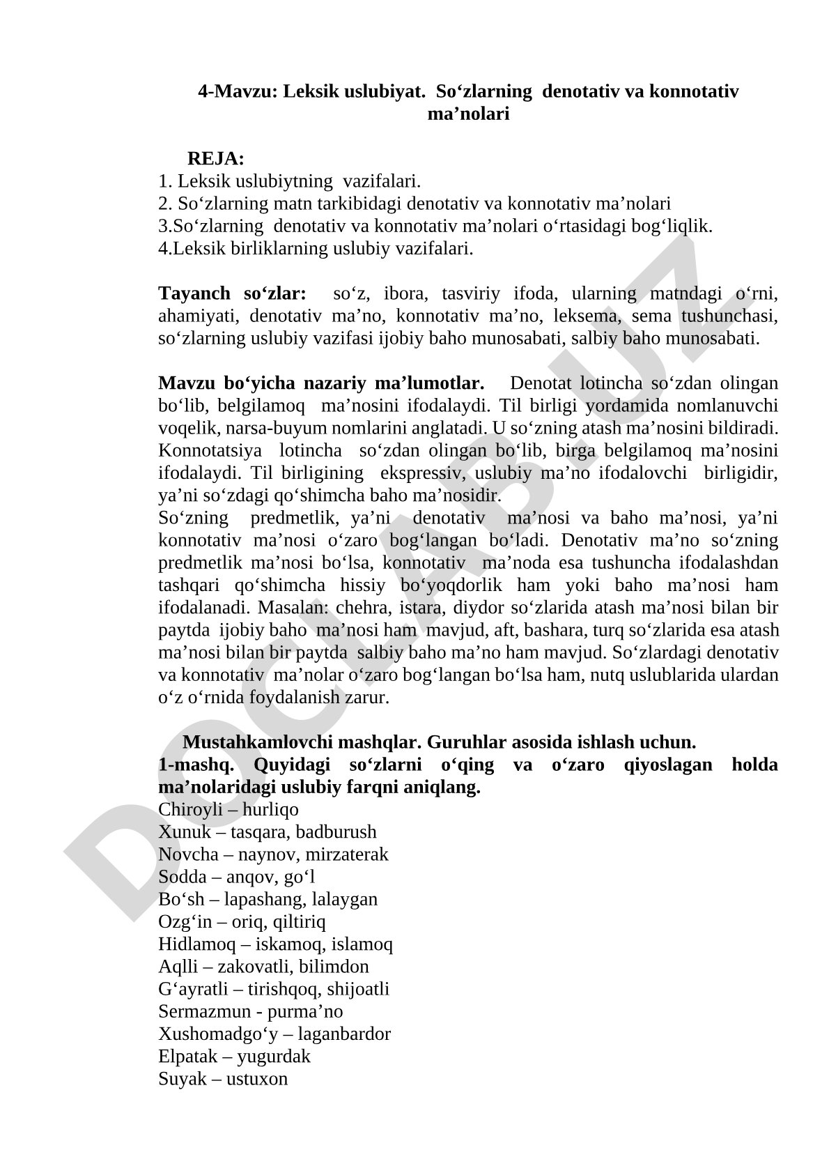 Leksik uslubiyat. So‘zlarning denotativ va konnotativ ma’nolari