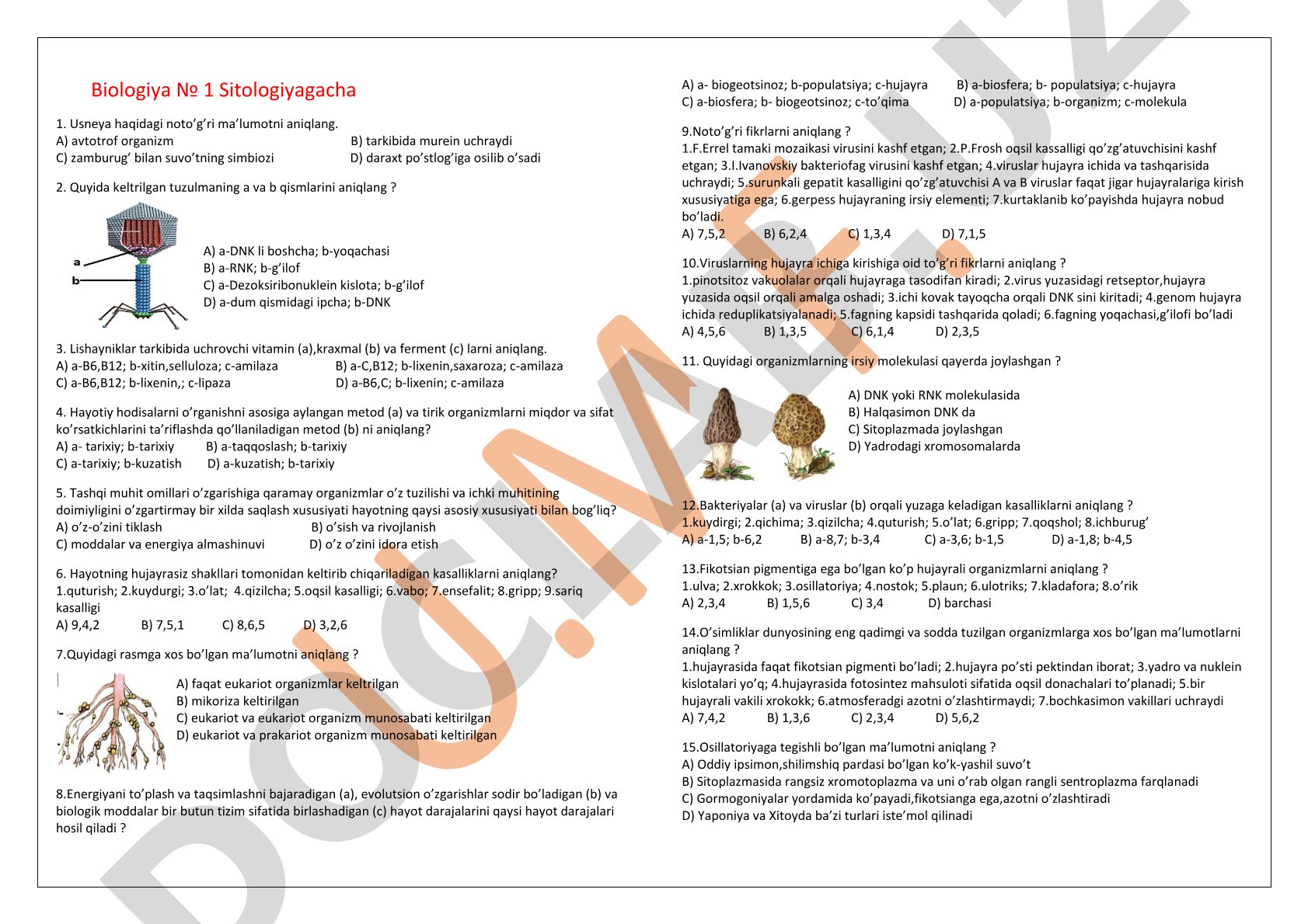 Biologiyadan sitologiyagacha bo'lgan testlar