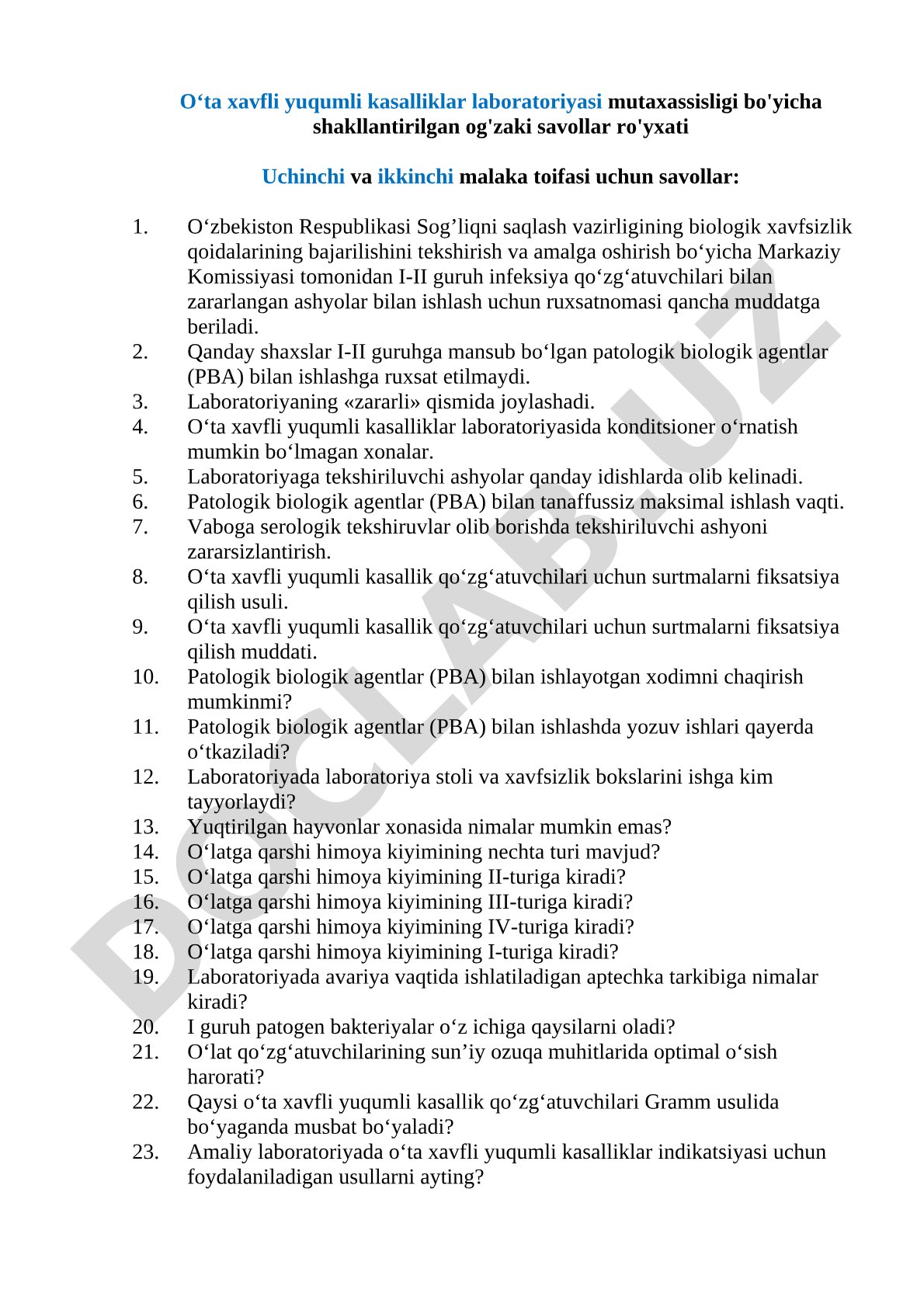 O‘ta xavfli yuqumli kasalliklar laboratoriyasi mutaxassisligi bo‘yicha og‘zaki savollar ro‘yxati
