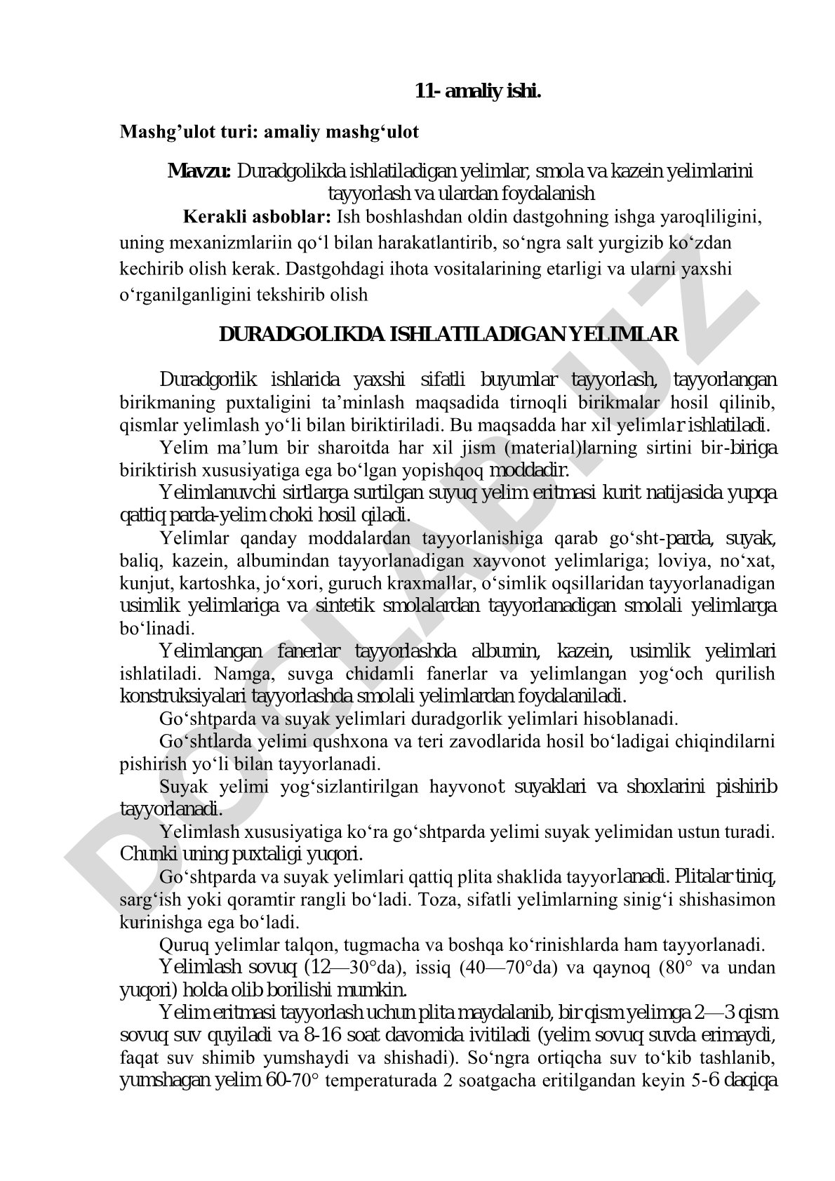 Duradgolikda ishlatiladigan yelimlar, smola va kazein yelimlarini tayyorlash va ulardan foydalanish