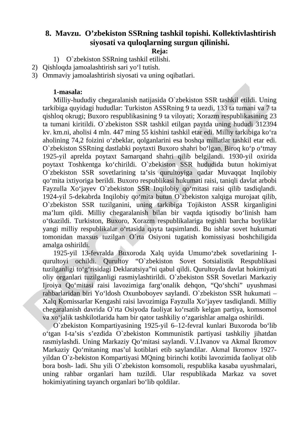 O’zbekiston SSRning tashkil topishi. Kollektivlashtirish siyosati va quloqlarning surgun qilinishi