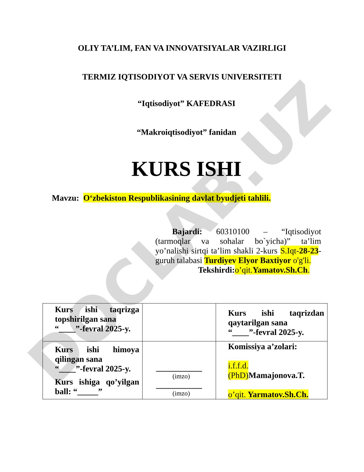 O‘zbekiston Respublikasining davlat byudjeti tahlili