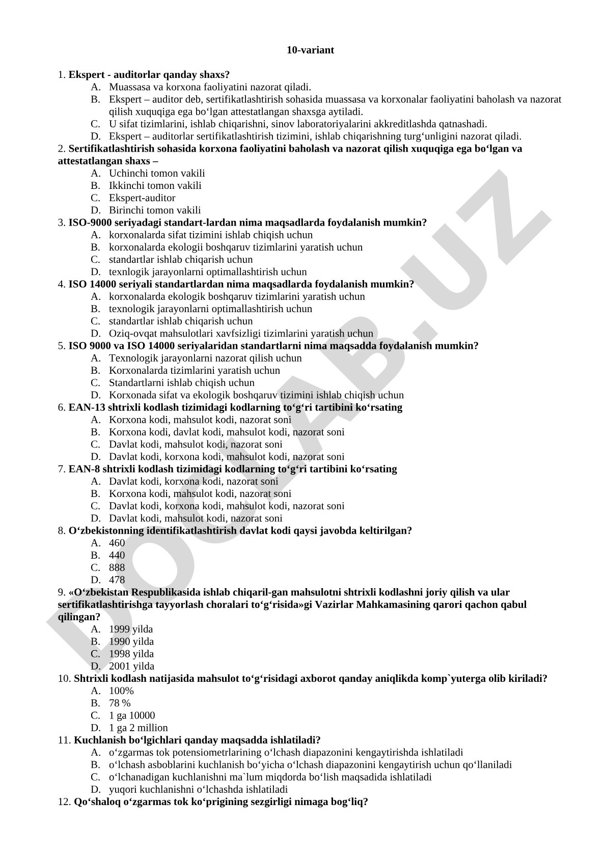 Sertifikatlash va audit bo'yicha test savollari