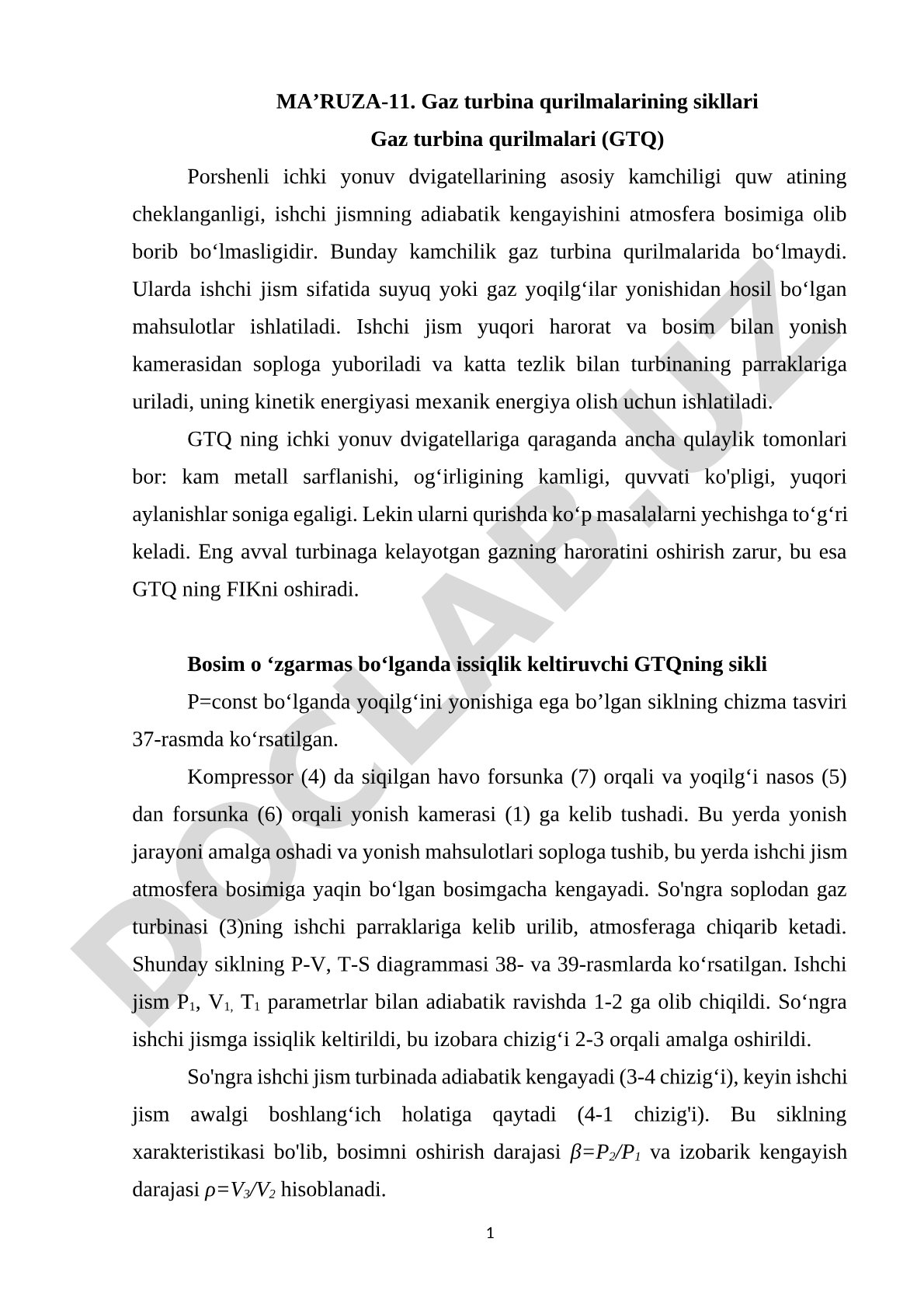 Gaz turbina qurilmalarining sikllari