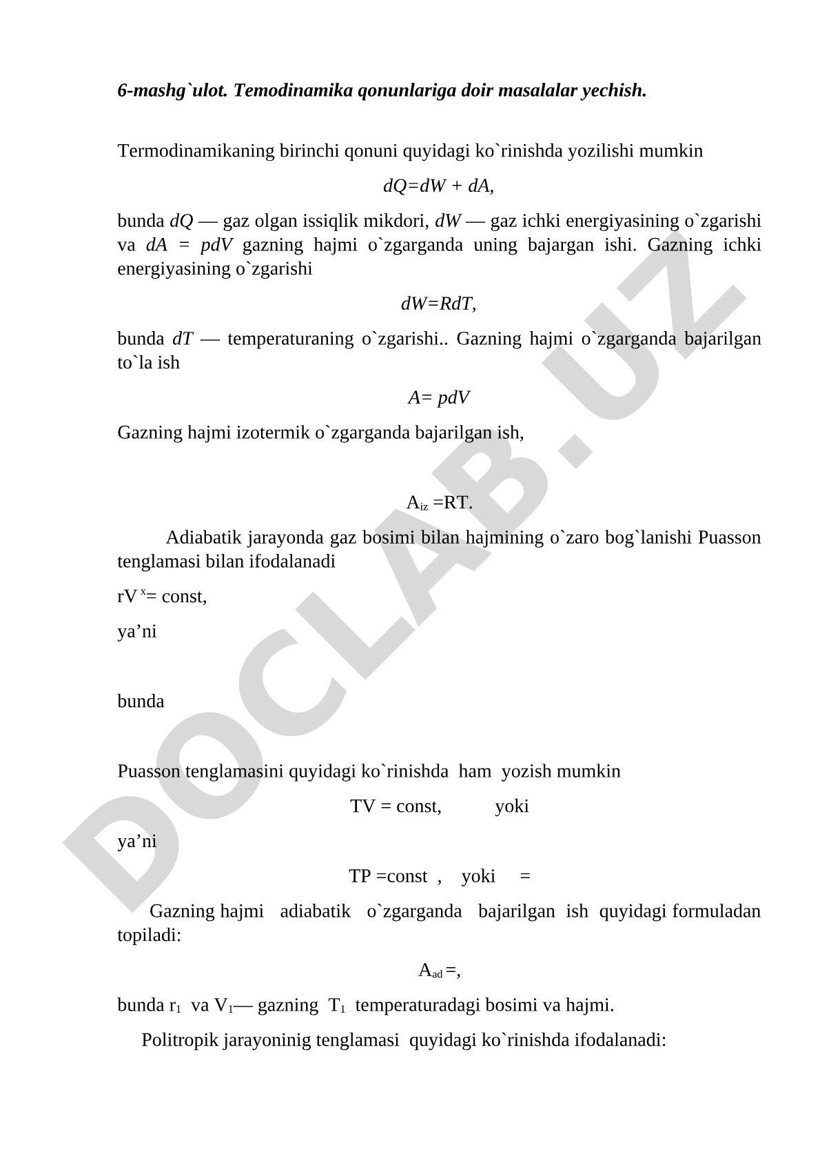 Termodinamika qonunlariga doir masalalar yechish