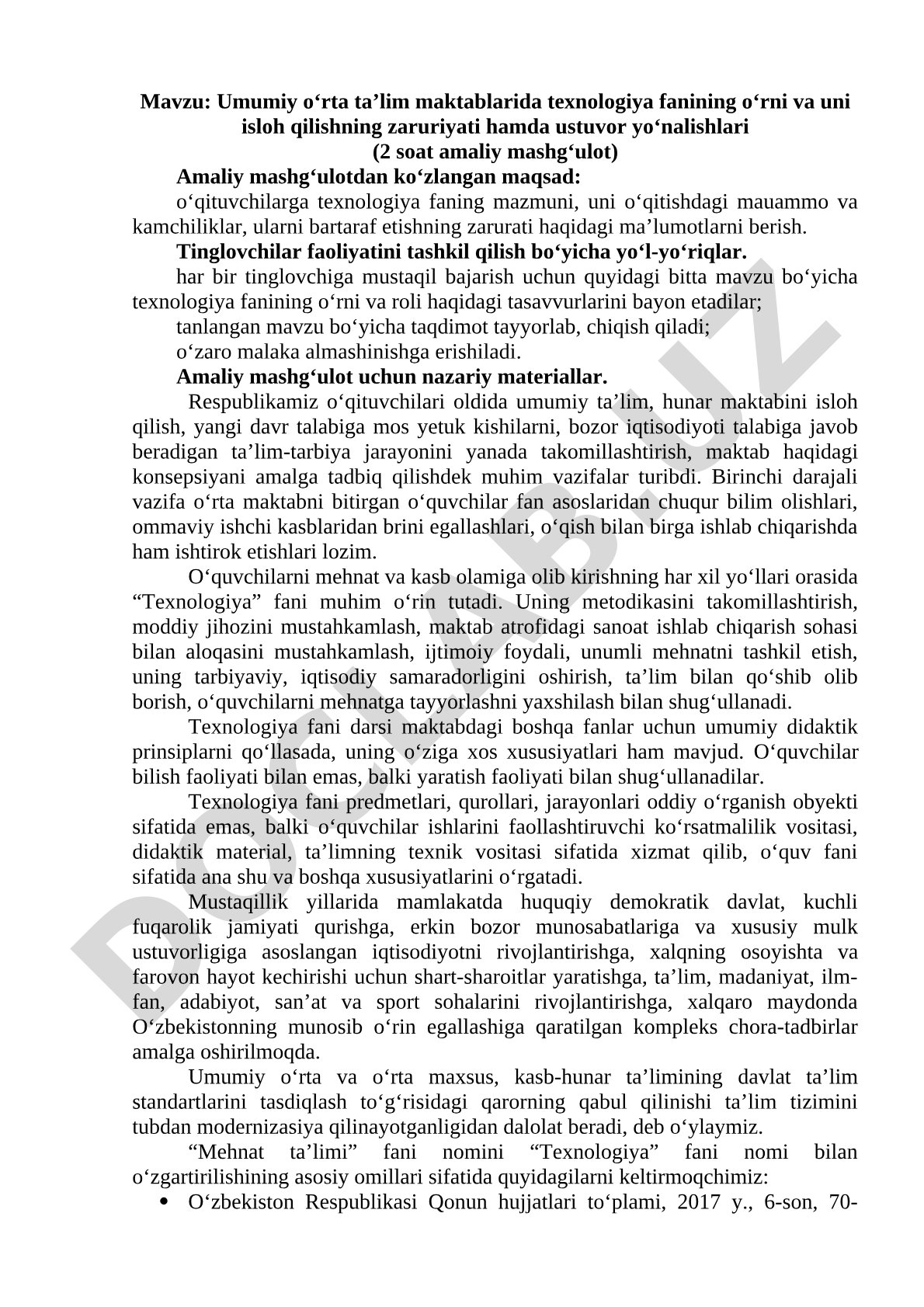 Umumiy o‘rta ta’lim maktablarida texnologiya fanining o‘rni va uni isloh qilishning zaruriyati hamda ustuvor yo‘nalishlari (2 soat amaliy mashg‘ulot)