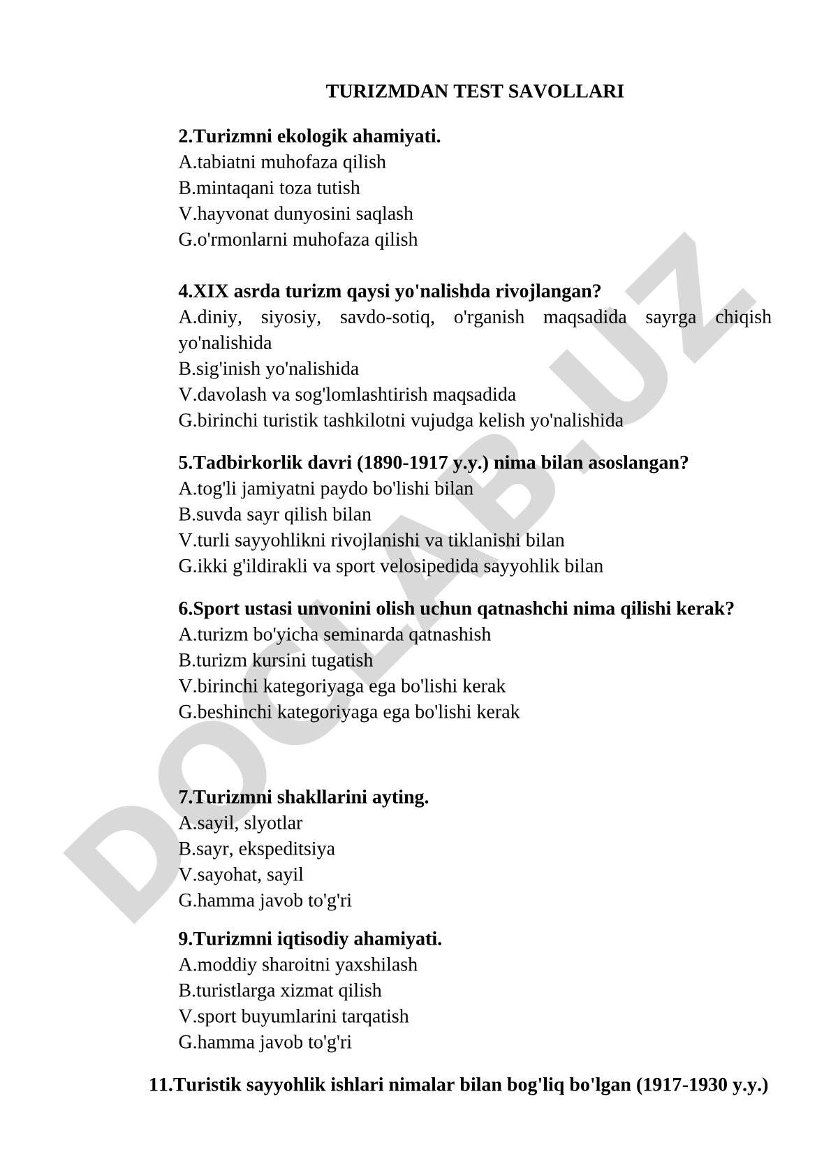 Turizmdan test savollari