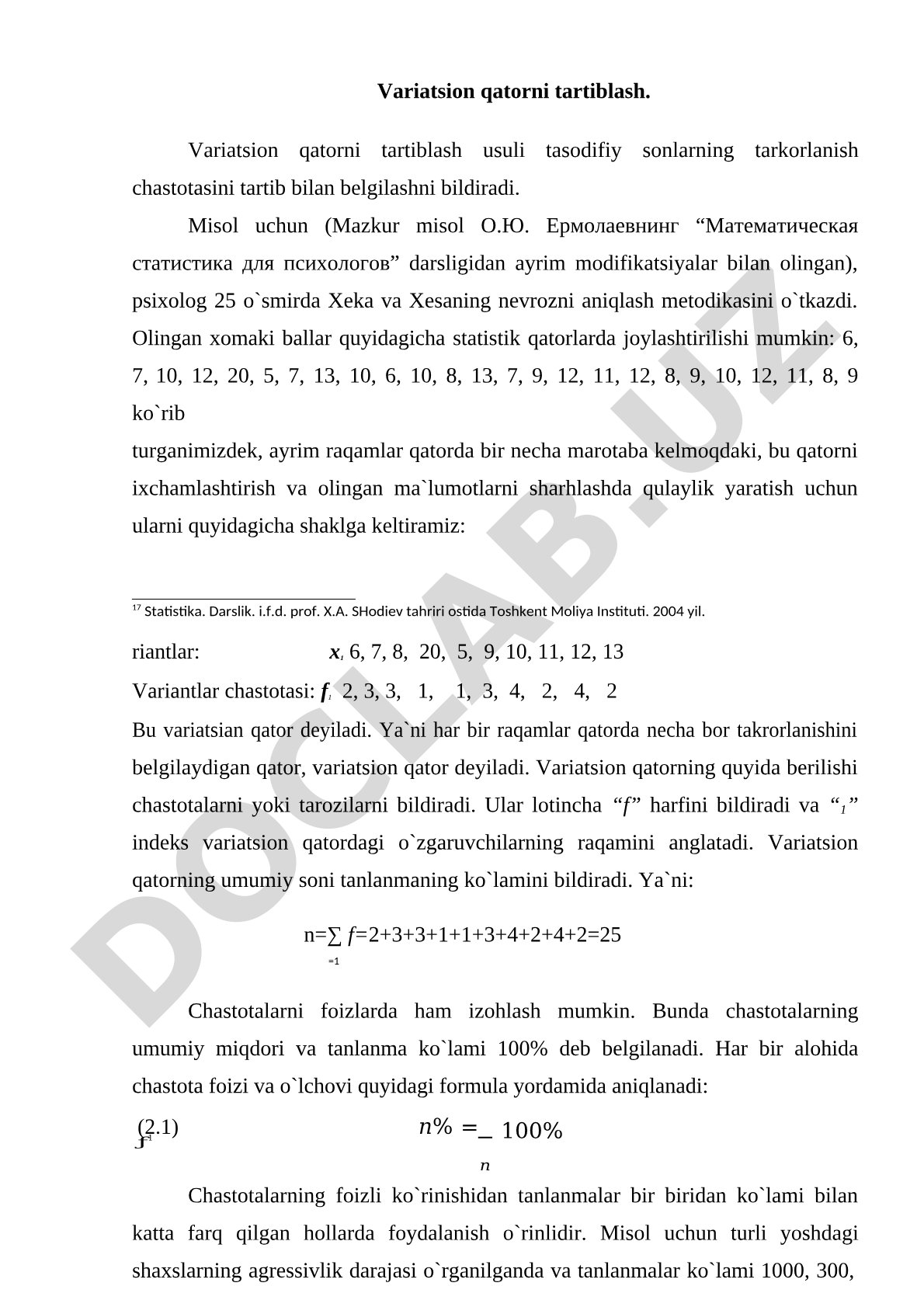 Variatsion qatorni tartiblash va chastotalarni hisoblash tushuntirilgan
