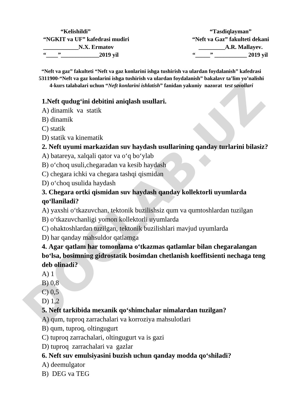 Neft konlarini ishlatish test savollari